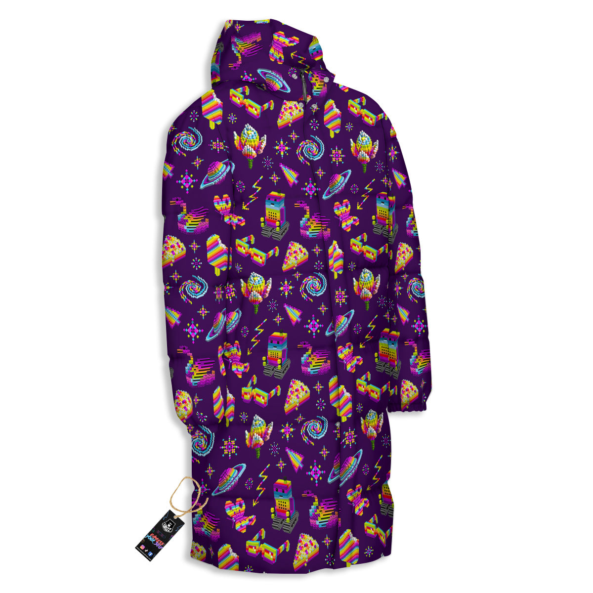 3D Pixel Cartoon Print Pattern Long Down Jacket