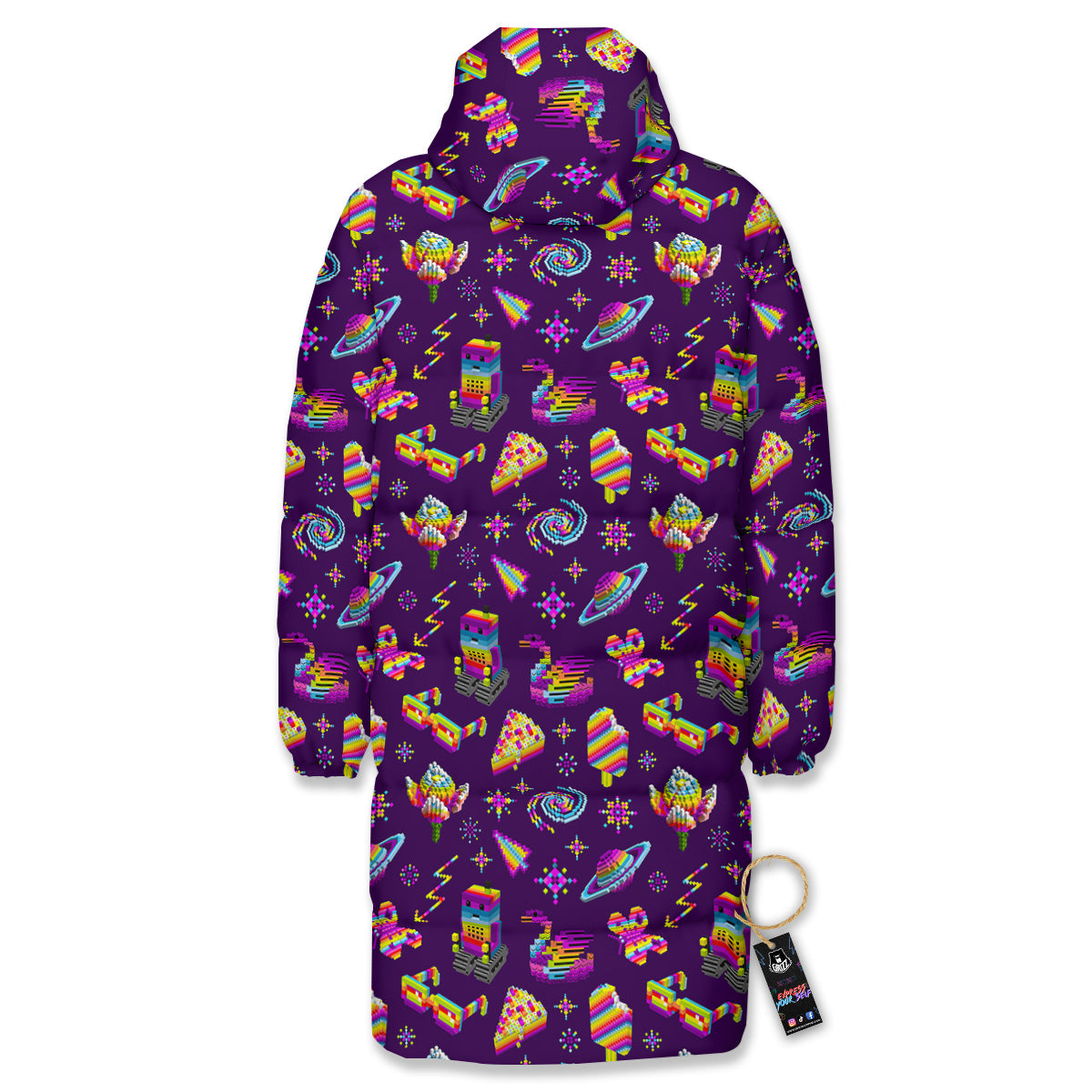 3D Pixel Cartoon Print Pattern Long Down Jacket