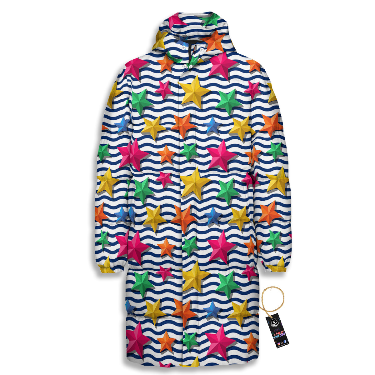 3D Stars And Blue Wave Print Pattern Long Down Jacket