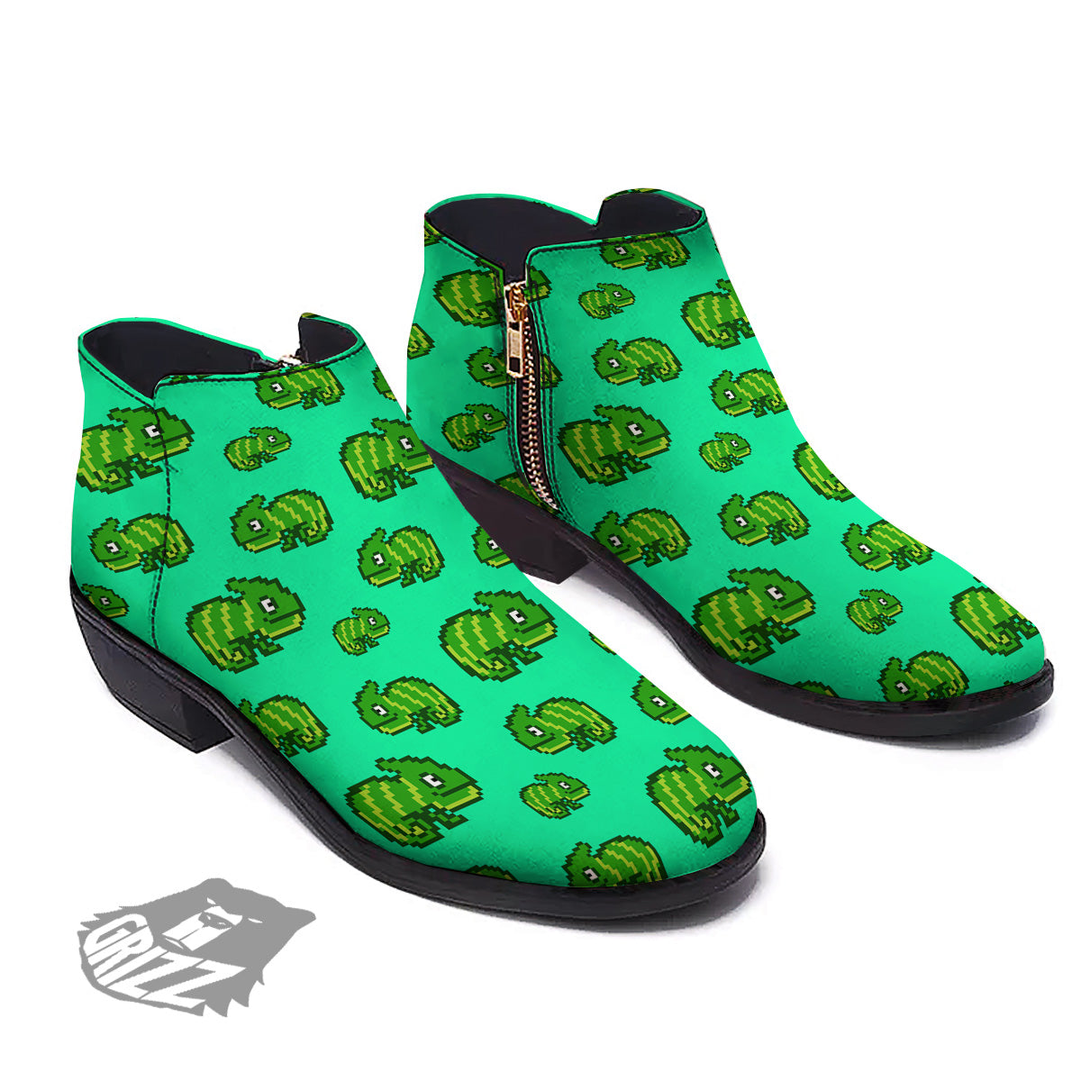8 Bit Pixel Green Chameleons Print Pattern Ankle Boots-grizzshop