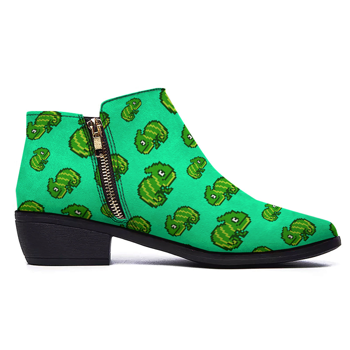 8 Bit Pixel Green Chameleons Print Pattern Ankle Boots-grizzshop