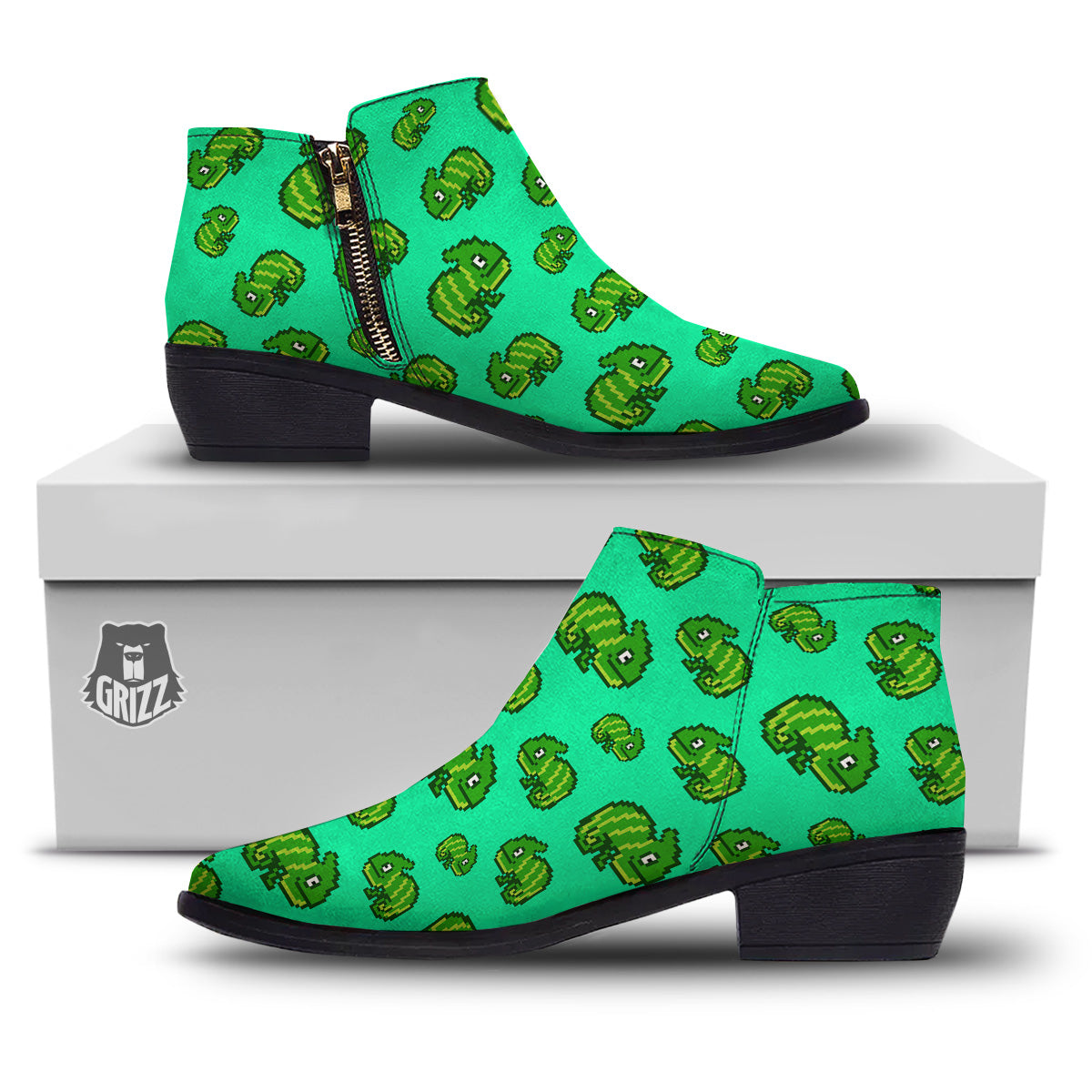 8 Bit Pixel Green Chameleons Print Pattern Ankle Boots-grizzshop
