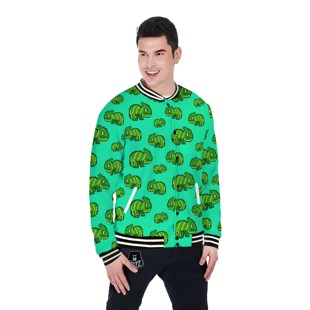 8 Bit Pixel Green Chameleons Print Pattern Baseball Jacket-grizzshop