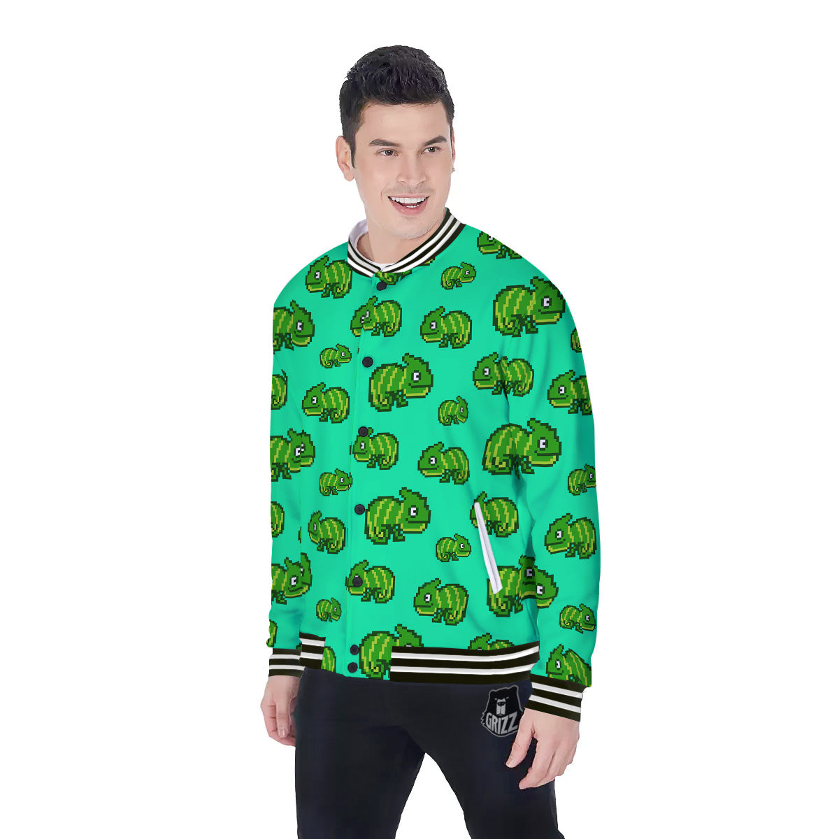 8 Bit Pixel Green Chameleons Print Pattern Baseball Jacket-grizzshop