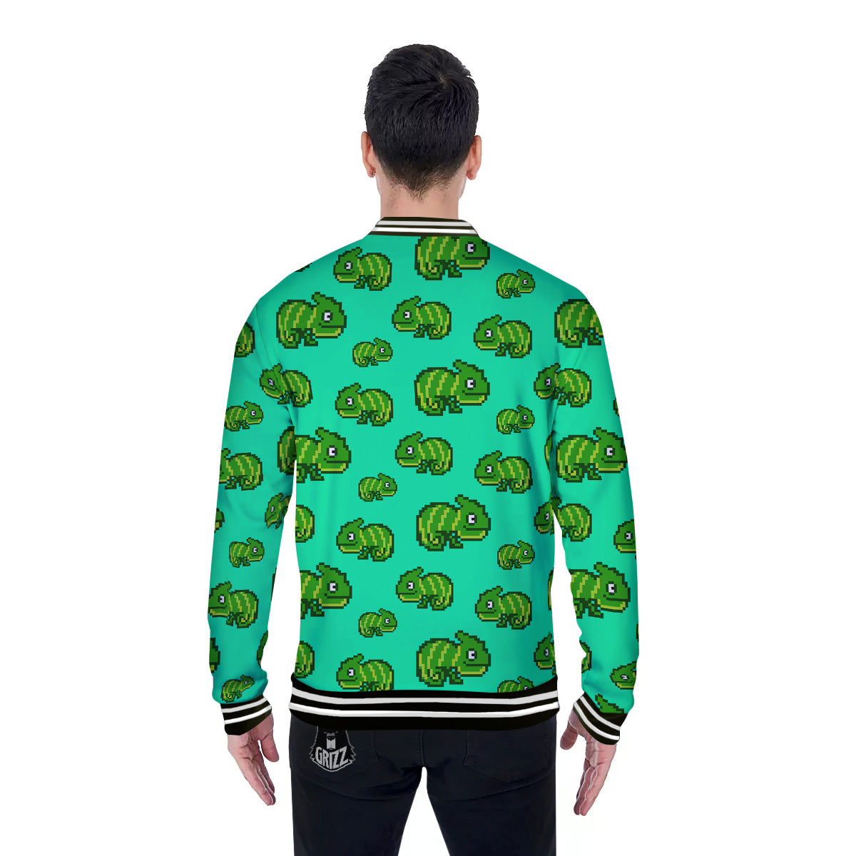 8 Bit Pixel Green Chameleons Print Pattern Baseball Jacket-grizzshop