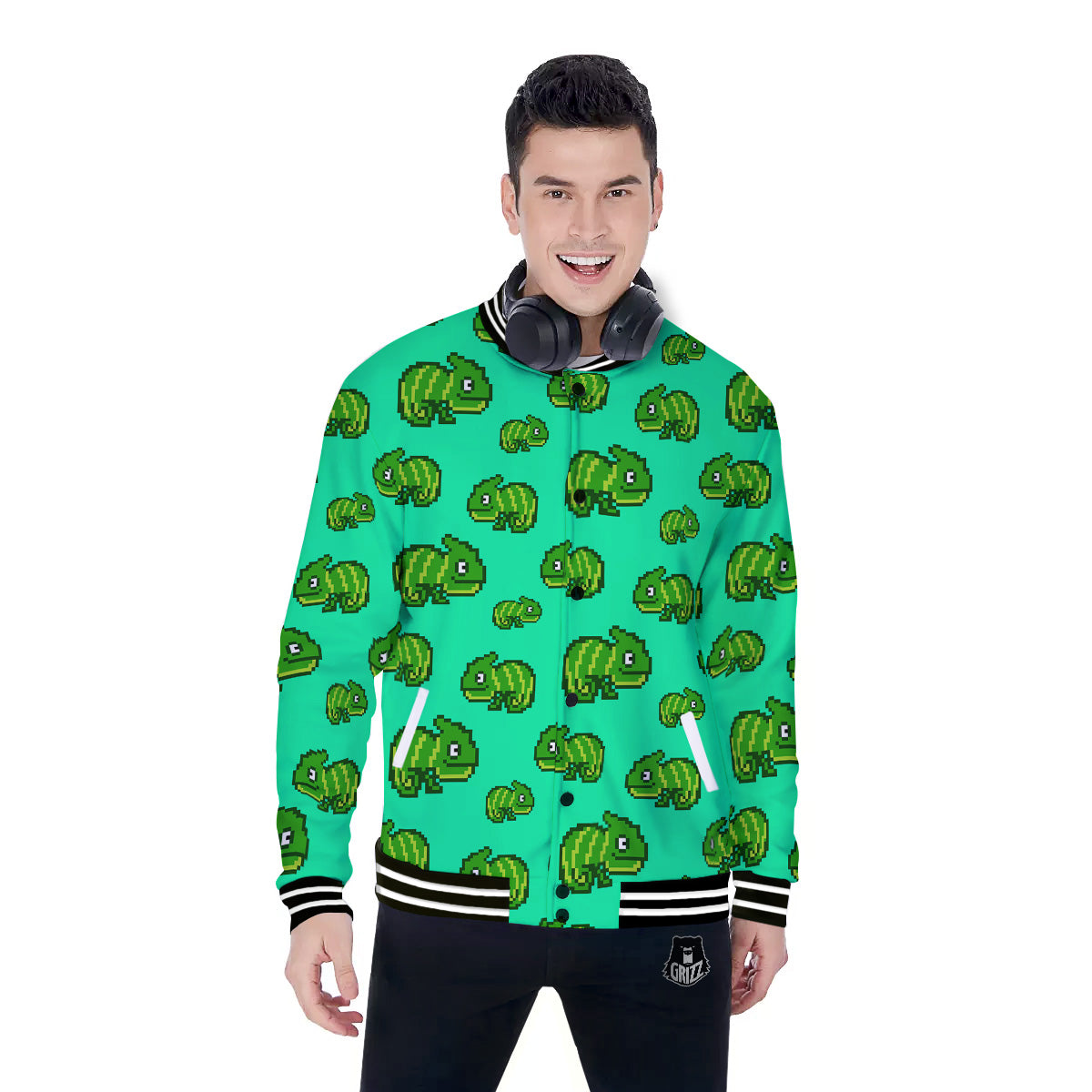 8 Bit Pixel Green Chameleons Print Pattern Baseball Jacket-grizzshop