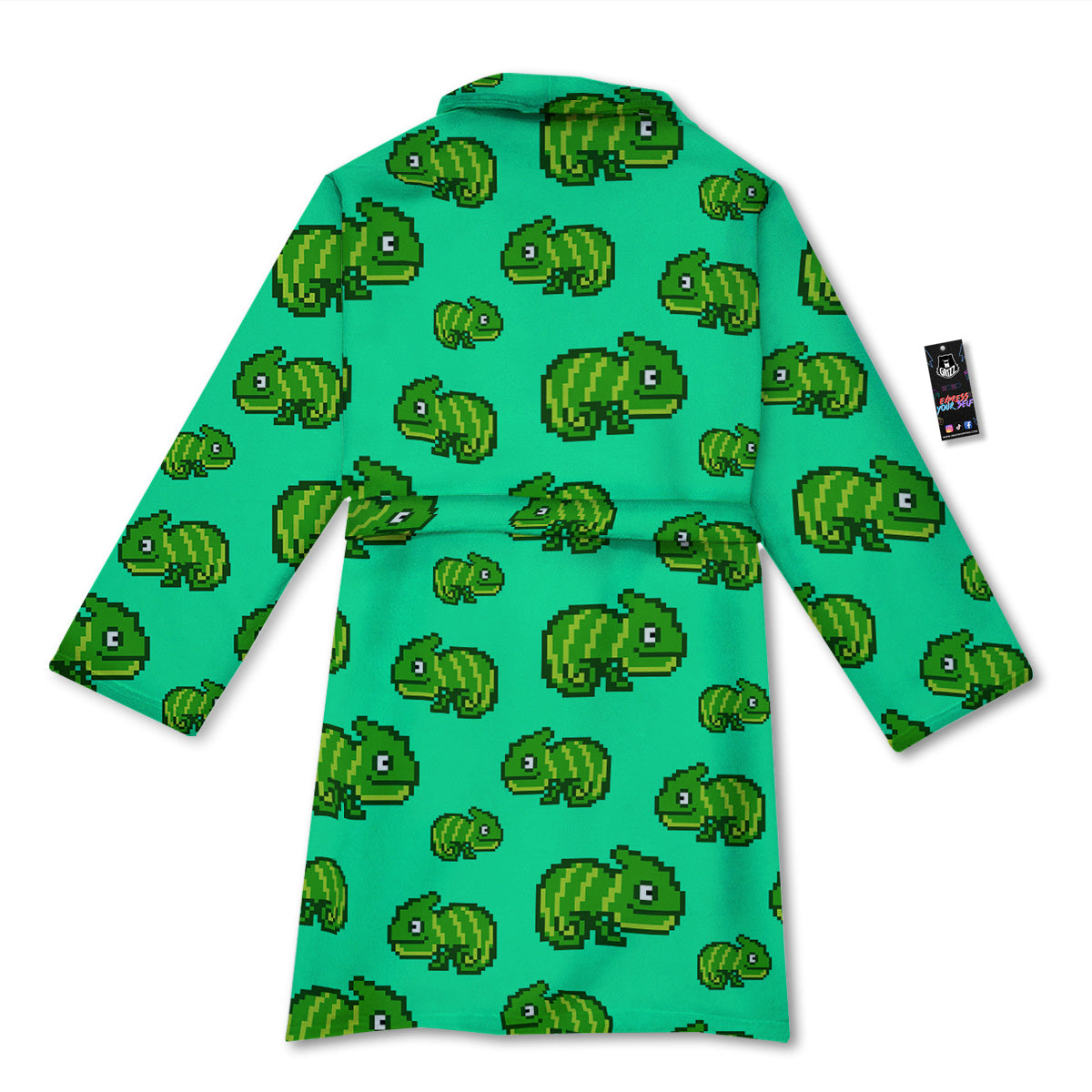 8 Bit Pixel Green Chameleons Print Pattern Bathrobe-grizzshop