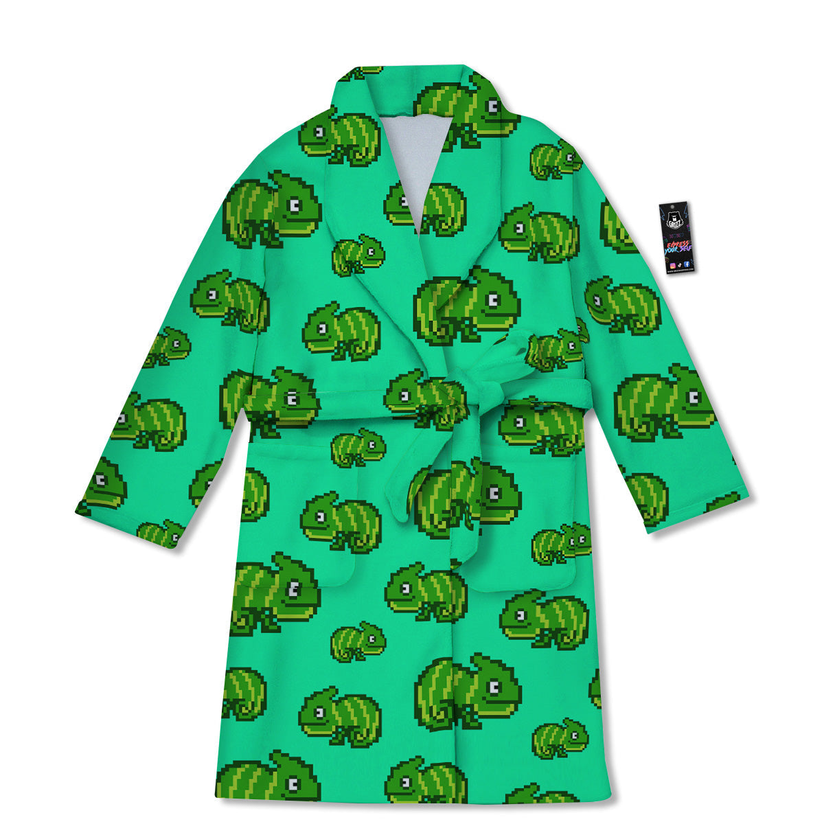 8 Bit Pixel Green Chameleons Print Pattern Bathrobe-grizzshop