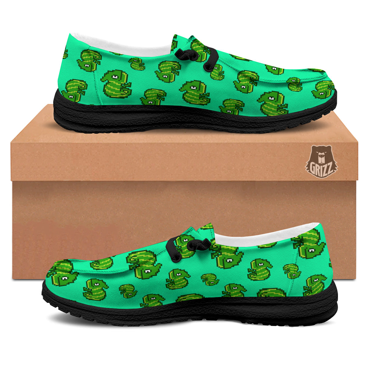 8 Bit Pixel Green Chameleons Print Pattern Black Loafers-grizzshop