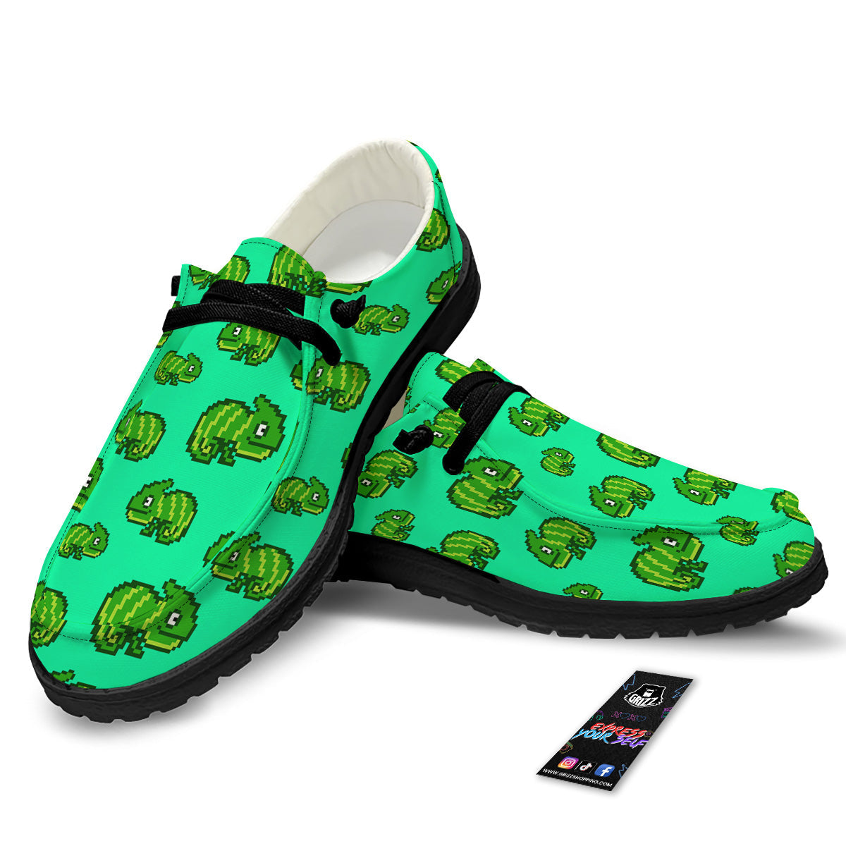 8 Bit Pixel Green Chameleons Print Pattern Black Loafers-grizzshop