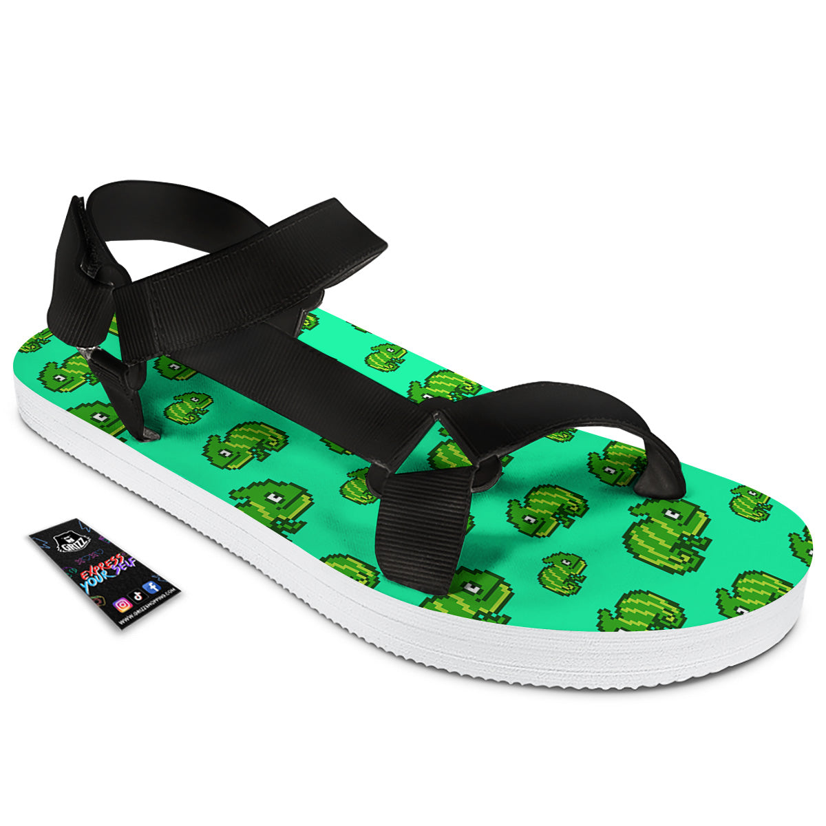 8 Bit Pixel Green Chameleons Print Pattern Black Open Toe Sandals-grizzshop