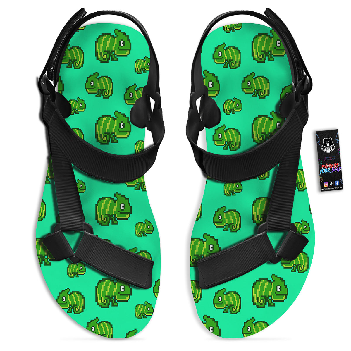 8 Bit Pixel Green Chameleons Print Pattern Black Open Toe Sandals-grizzshop