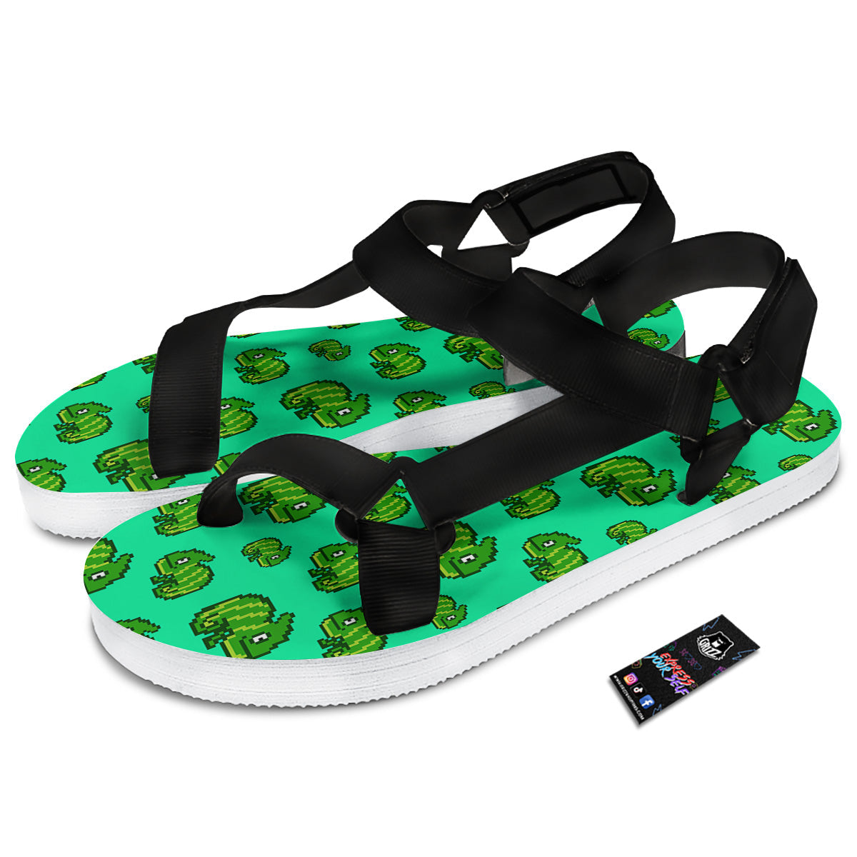 8 Bit Pixel Green Chameleons Print Pattern Black Open Toe Sandals-grizzshop