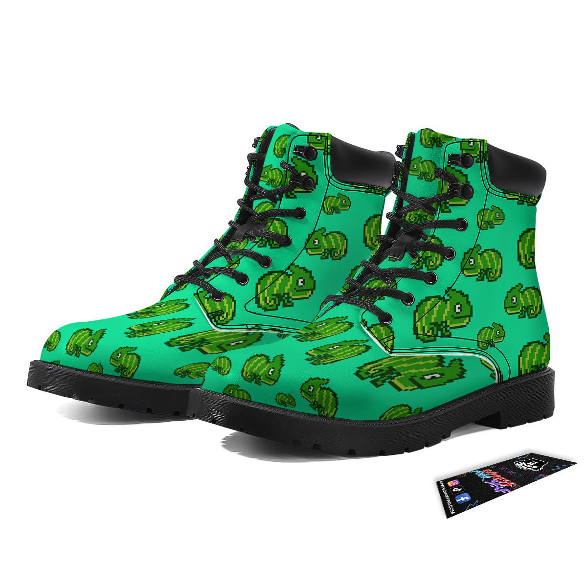8 Bit Pixel Green Chameleons Print Pattern Boots-grizzshop