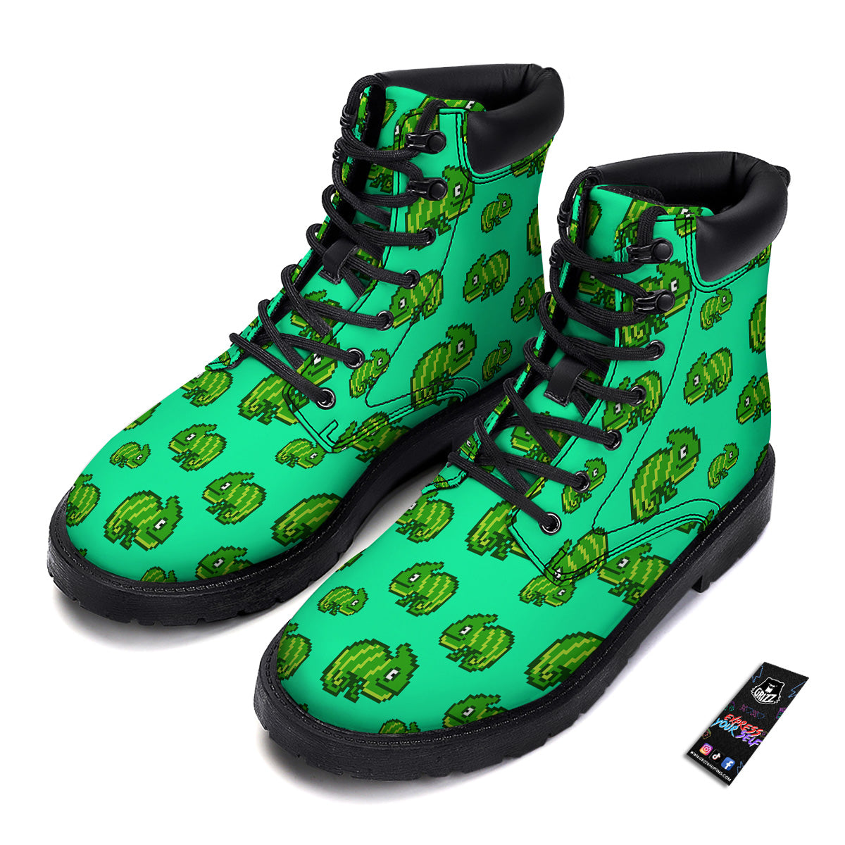 8 Bit Pixel Green Chameleons Print Pattern Boots-grizzshop