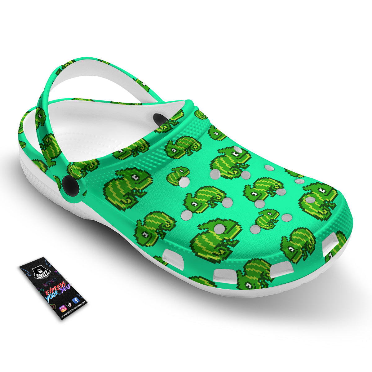 8 Bit Pixel Green Chameleons Print Pattern Clog-grizzshop
