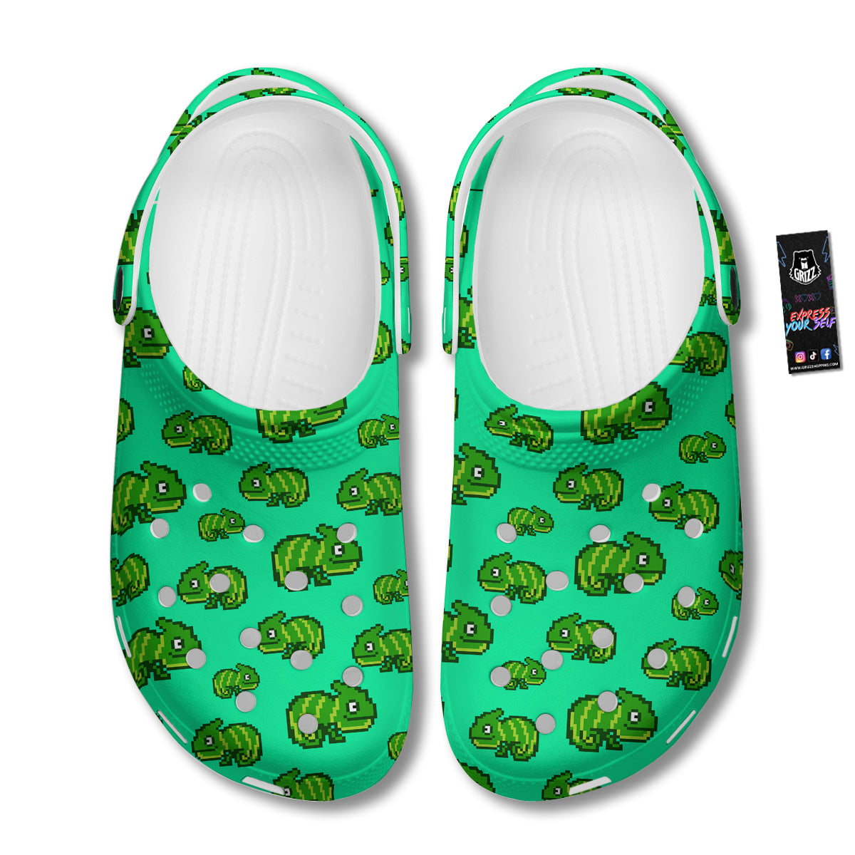 8 Bit Pixel Green Chameleons Print Pattern Clog-grizzshop