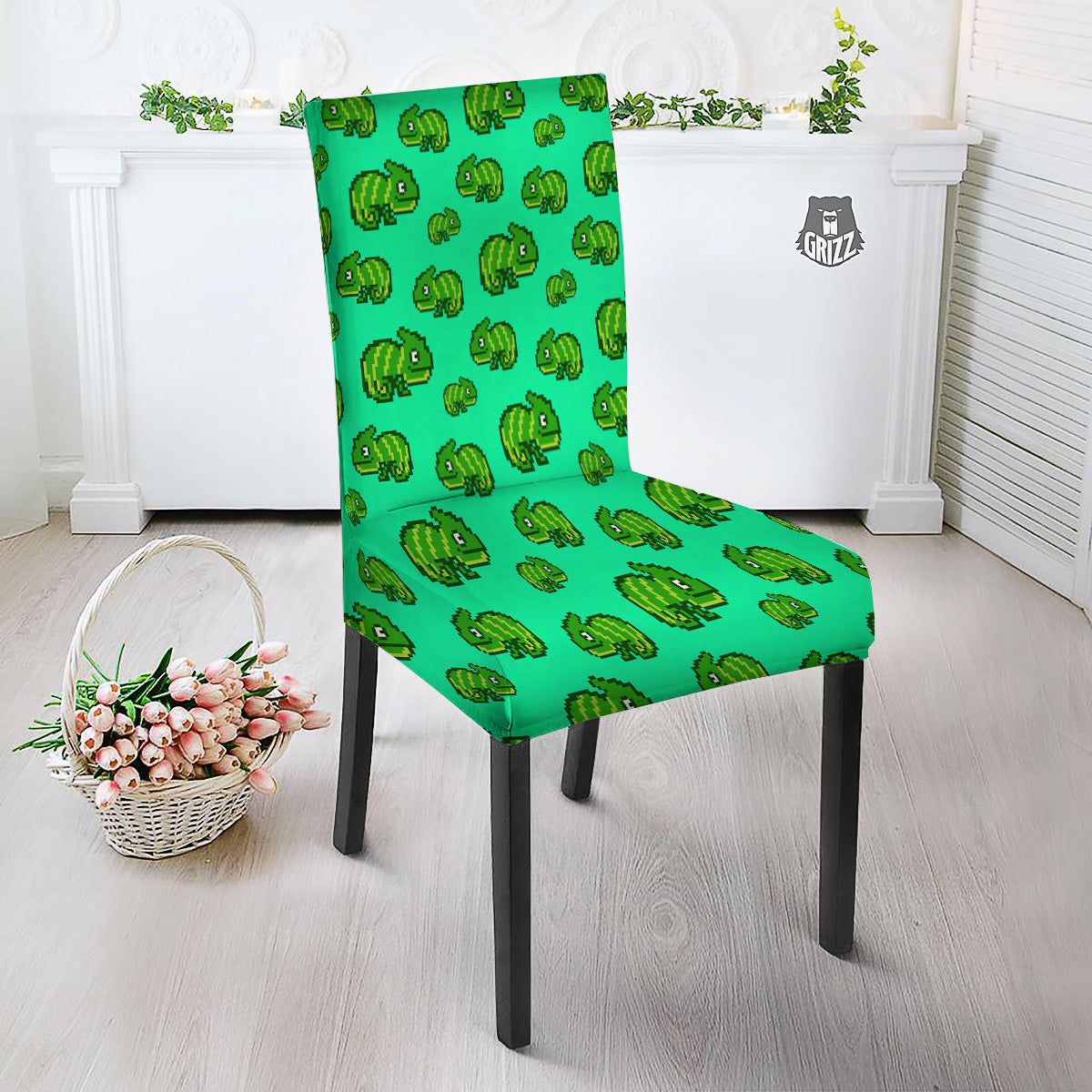8 Bit Pixel Green Chameleons Print Pattern Dining Chair Slipcover-grizzshop
