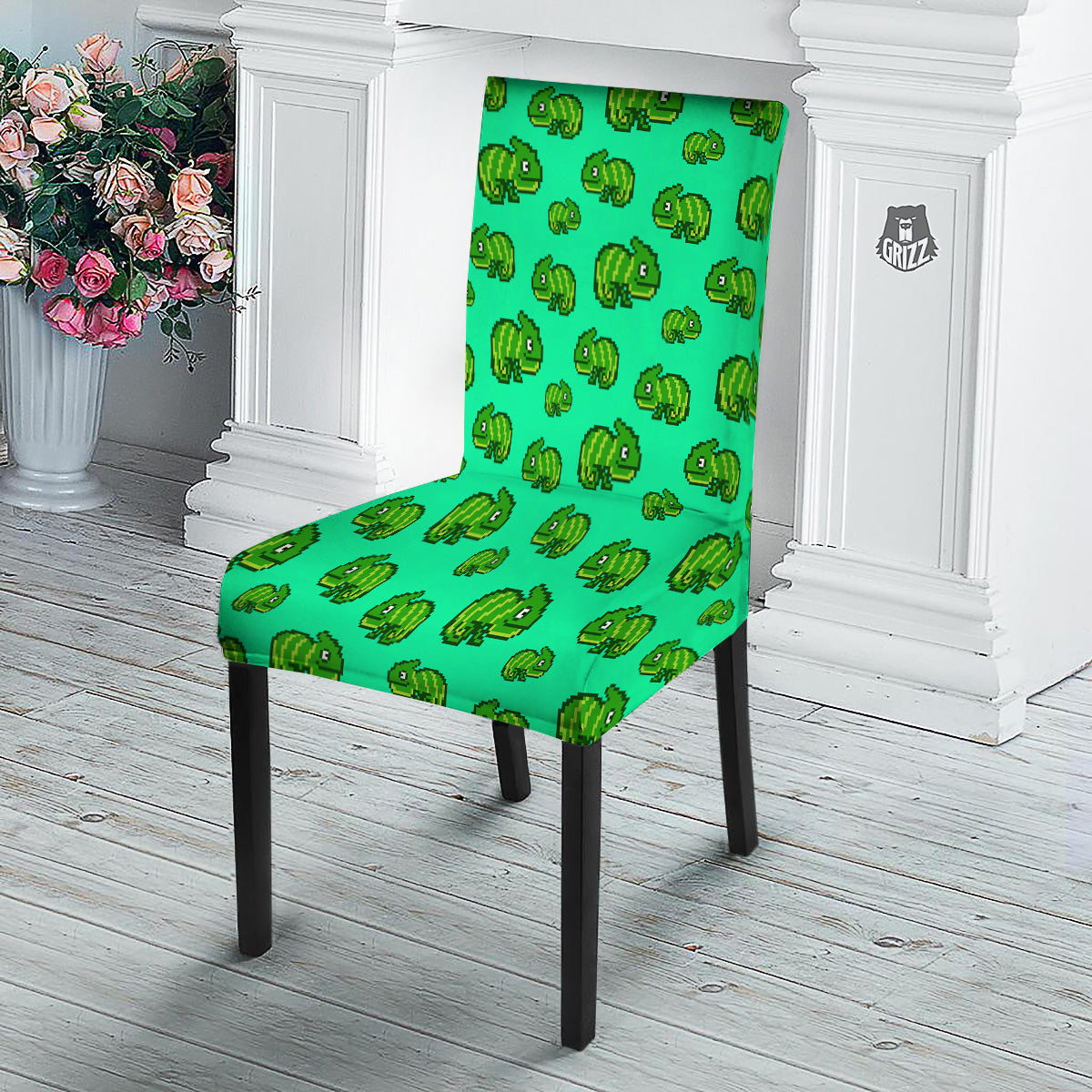 8 Bit Pixel Green Chameleons Print Pattern Dining Chair Slipcover-grizzshop