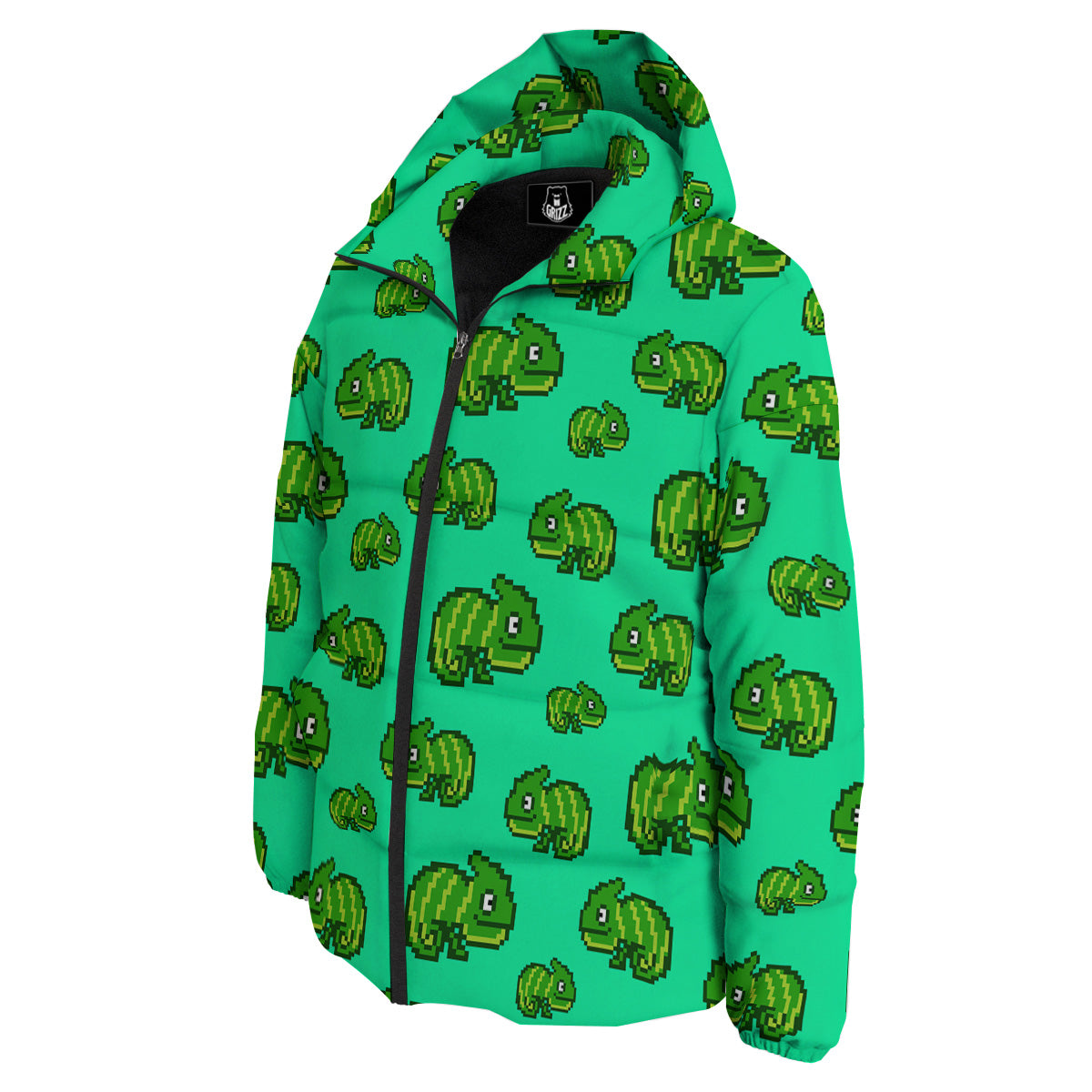 8 Bit Pixel Green Chameleons Print Pattern Down Jacket-grizzshop