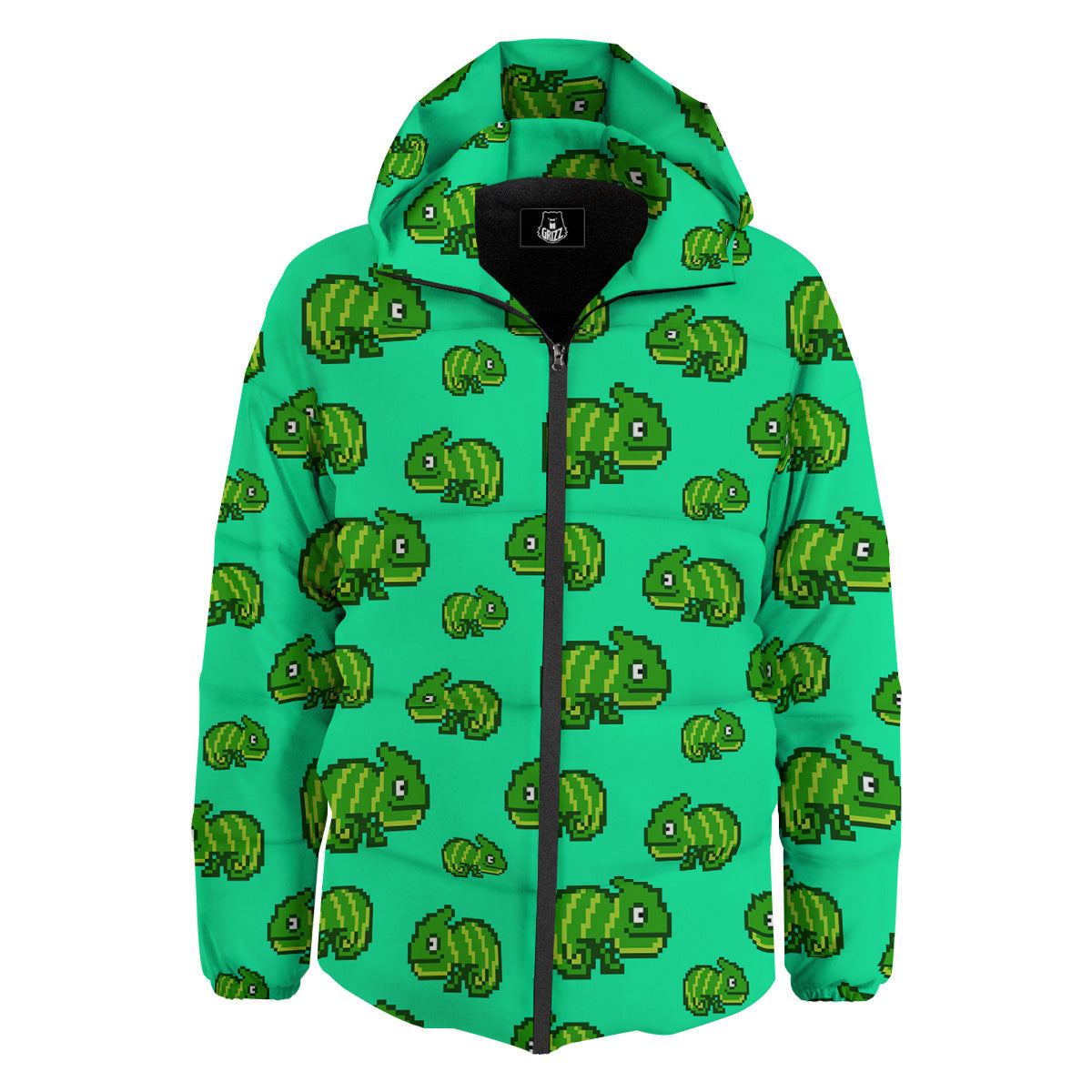 8 Bit Pixel Green Chameleons Print Pattern Down Jacket-grizzshop