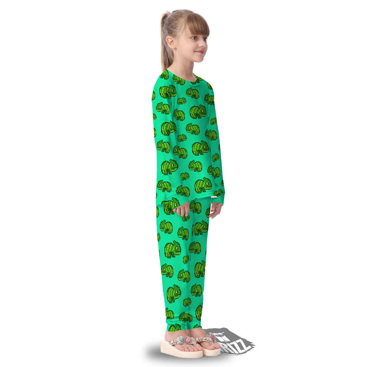 8 Bit Pixel Green Chameleons Print Pattern Kid's Pajamas-grizzshop