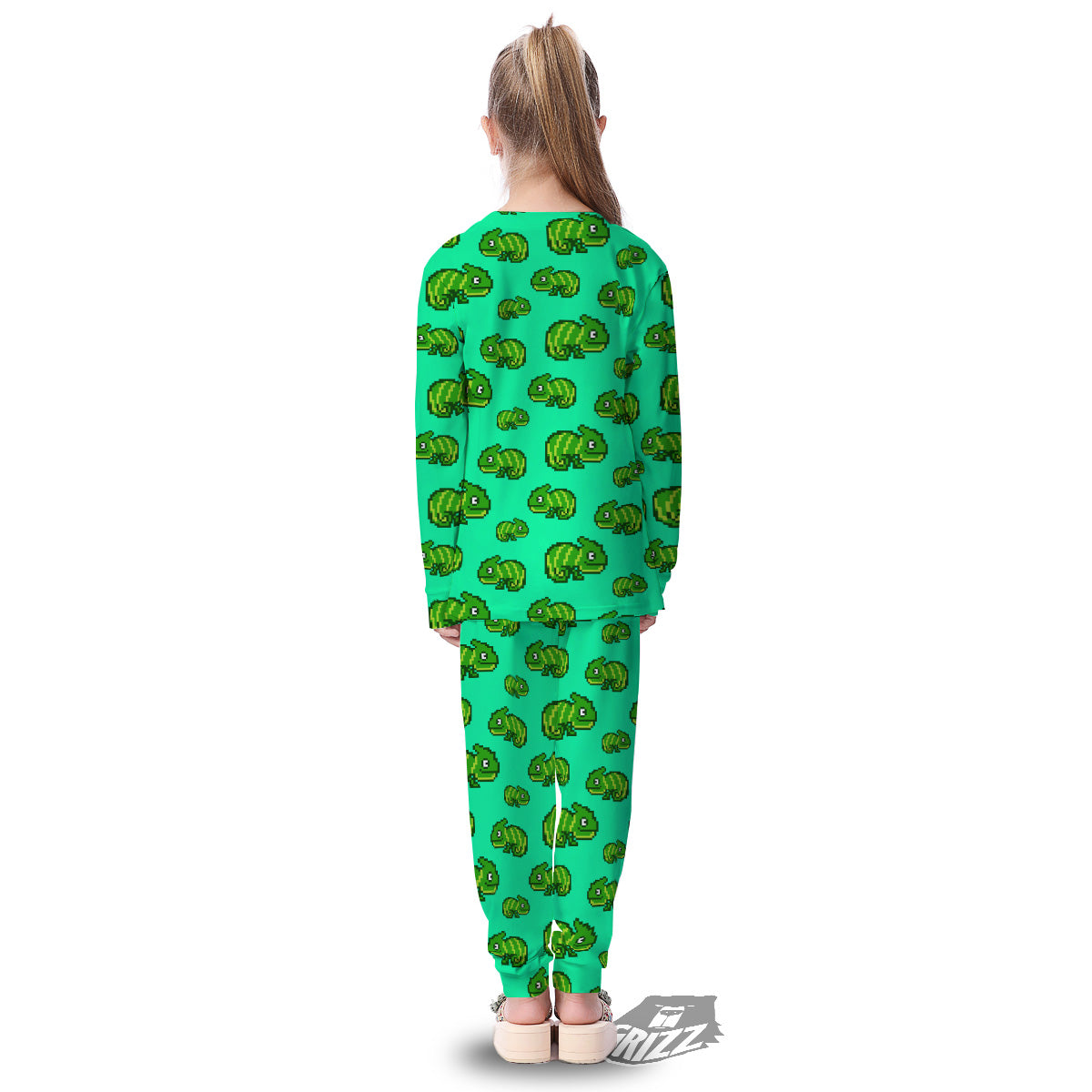 8 Bit Pixel Green Chameleons Print Pattern Kid's Pajamas-grizzshop