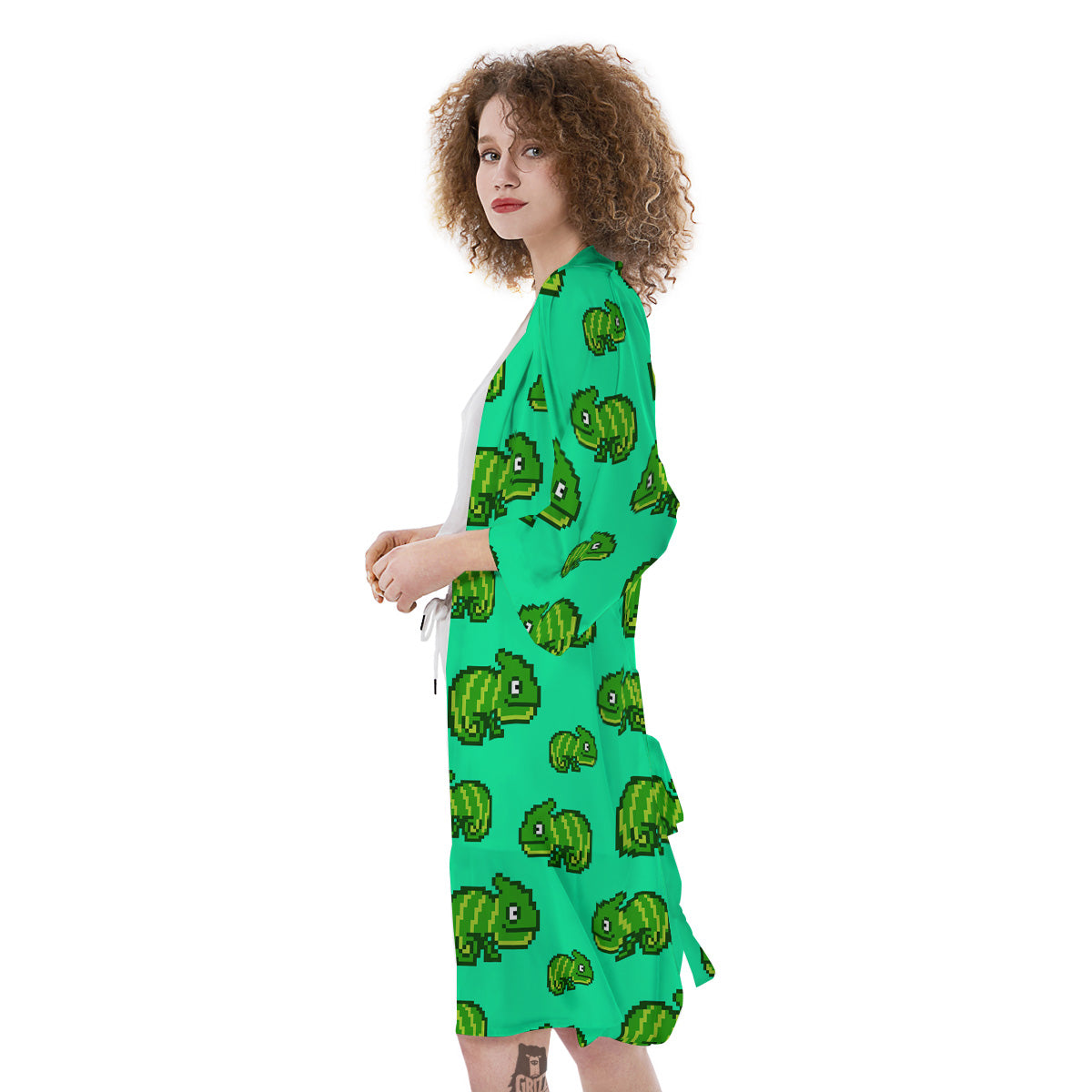 8 Bit Pixel Green Chameleons Print Pattern Kimono-grizzshop