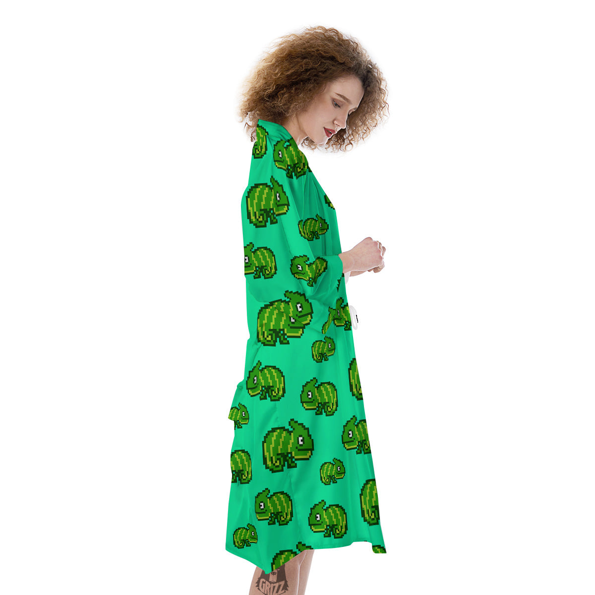 8 Bit Pixel Green Chameleons Print Pattern Kimono-grizzshop