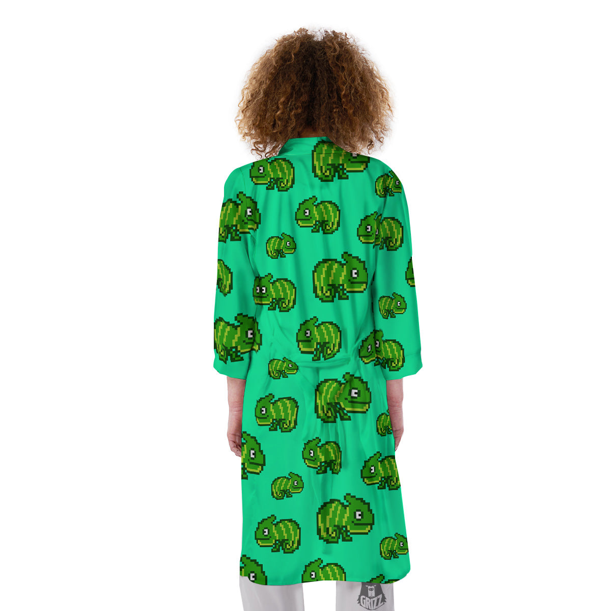 8 Bit Pixel Green Chameleons Print Pattern Kimono-grizzshop
