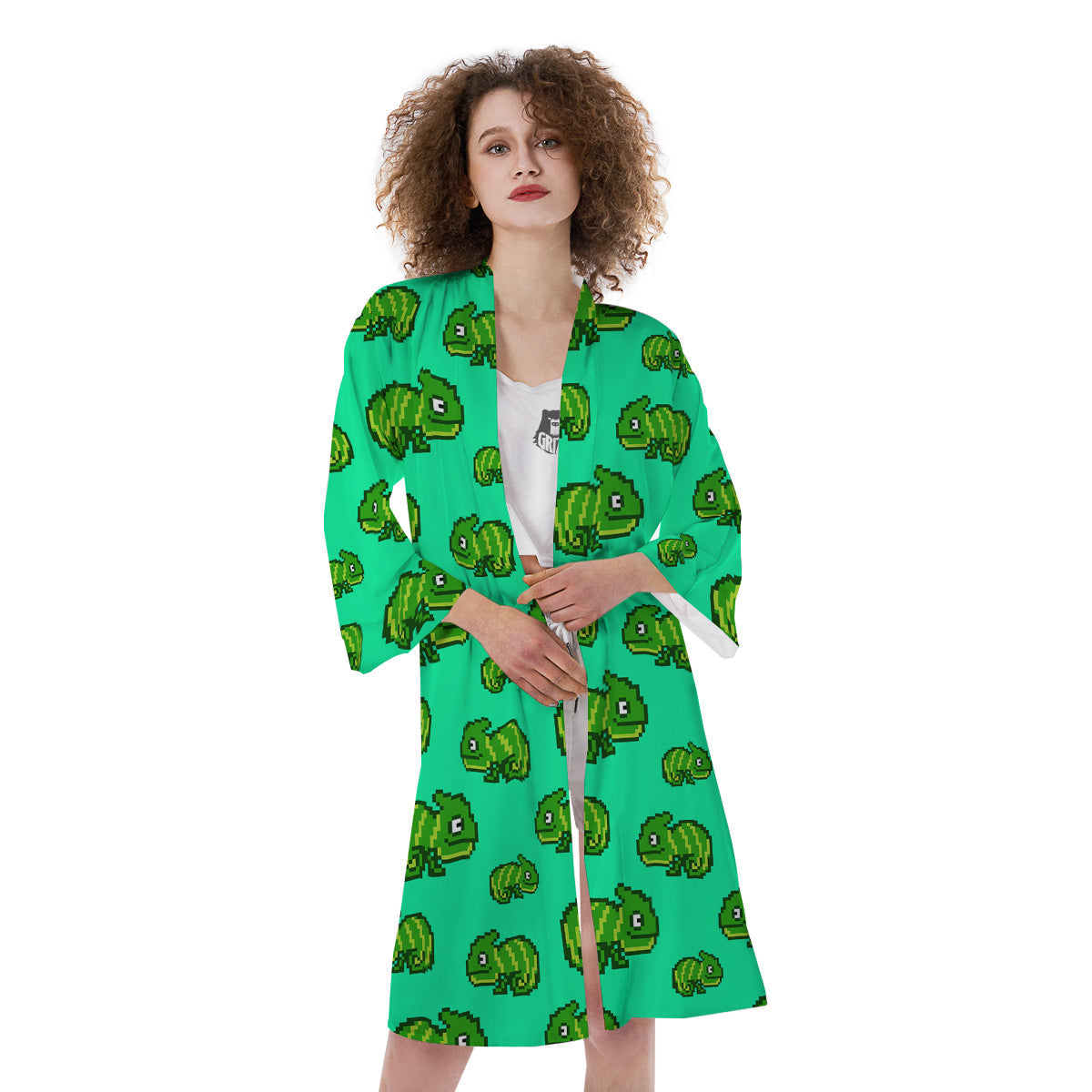 8 Bit Pixel Green Chameleons Print Pattern Kimono-grizzshop