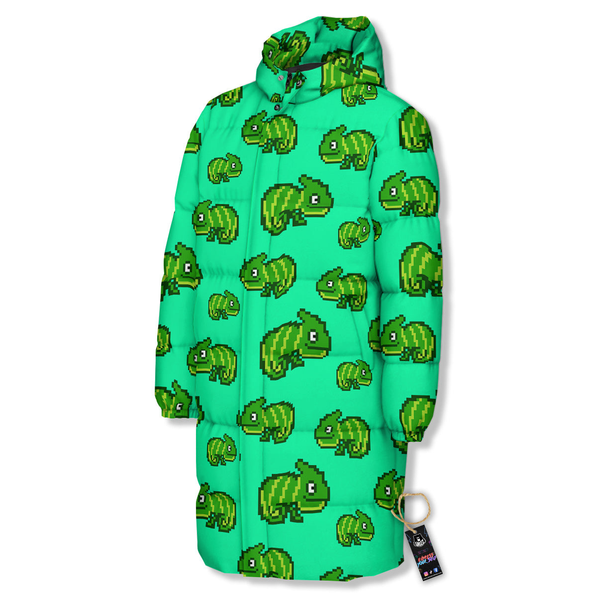 8 Bit Pixel Green Chameleons Print Pattern Long Down Jacket-grizzshop