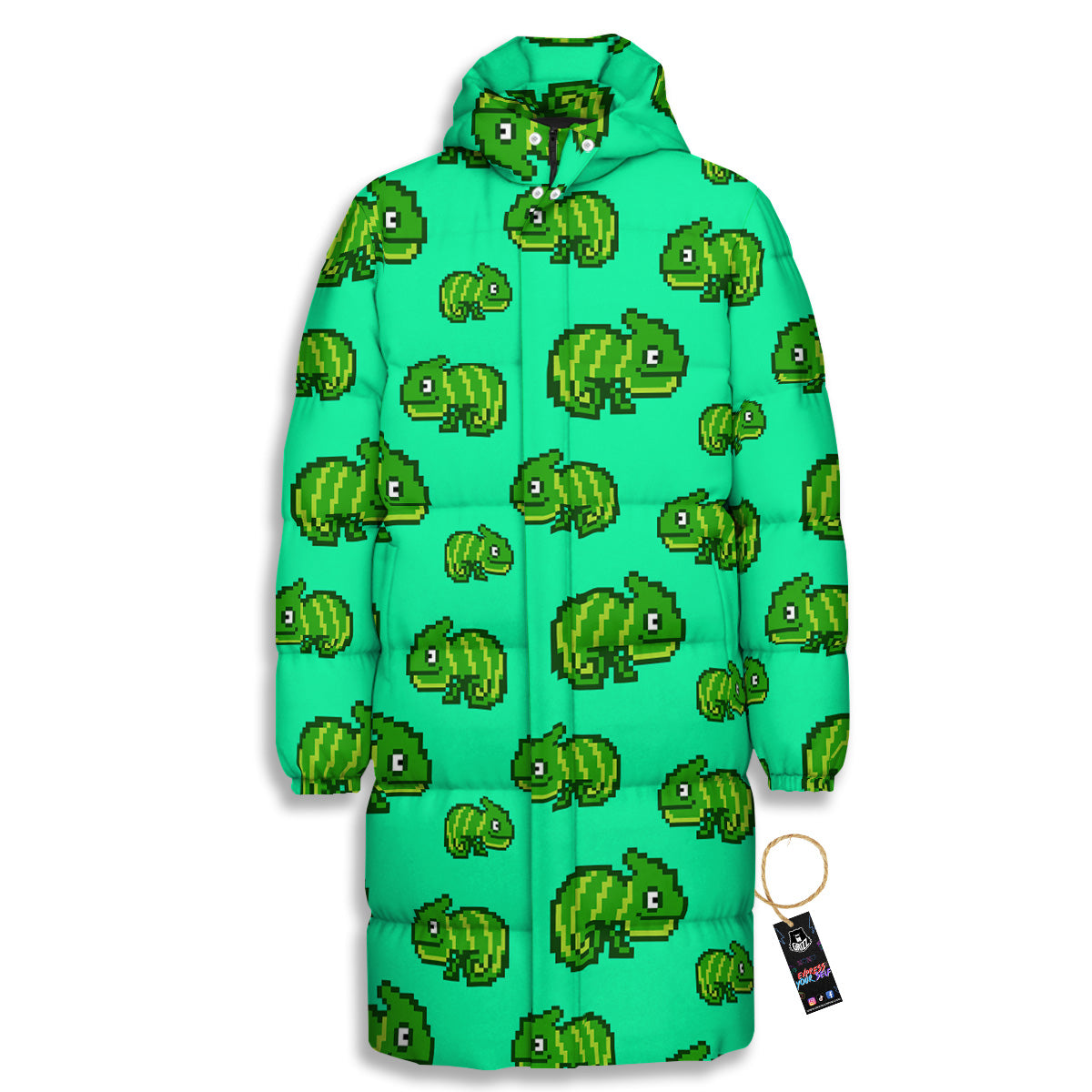8 Bit Pixel Green Chameleons Print Pattern Long Down Jacket-grizzshop