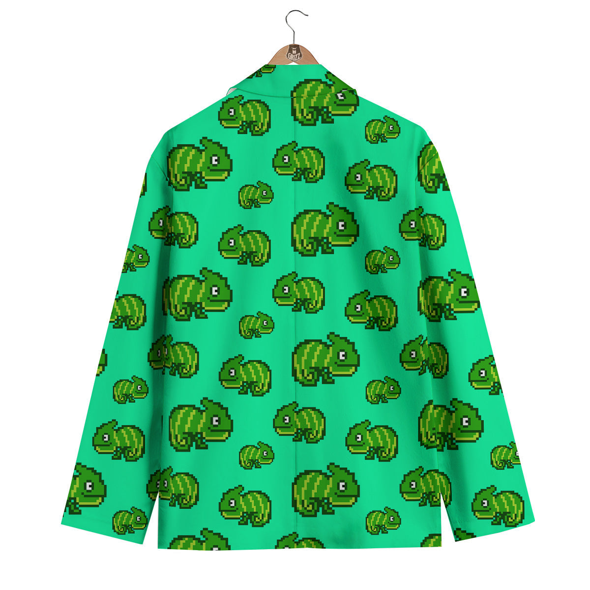 8 Bit Pixel Green Chameleons Print Pattern Men's Blazer-grizzshop