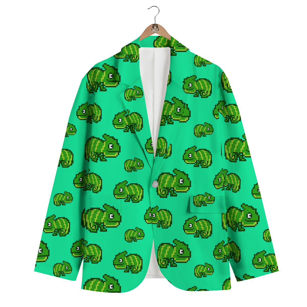 8 Bit Pixel Green Chameleons Print Pattern Men's Blazer-grizzshop