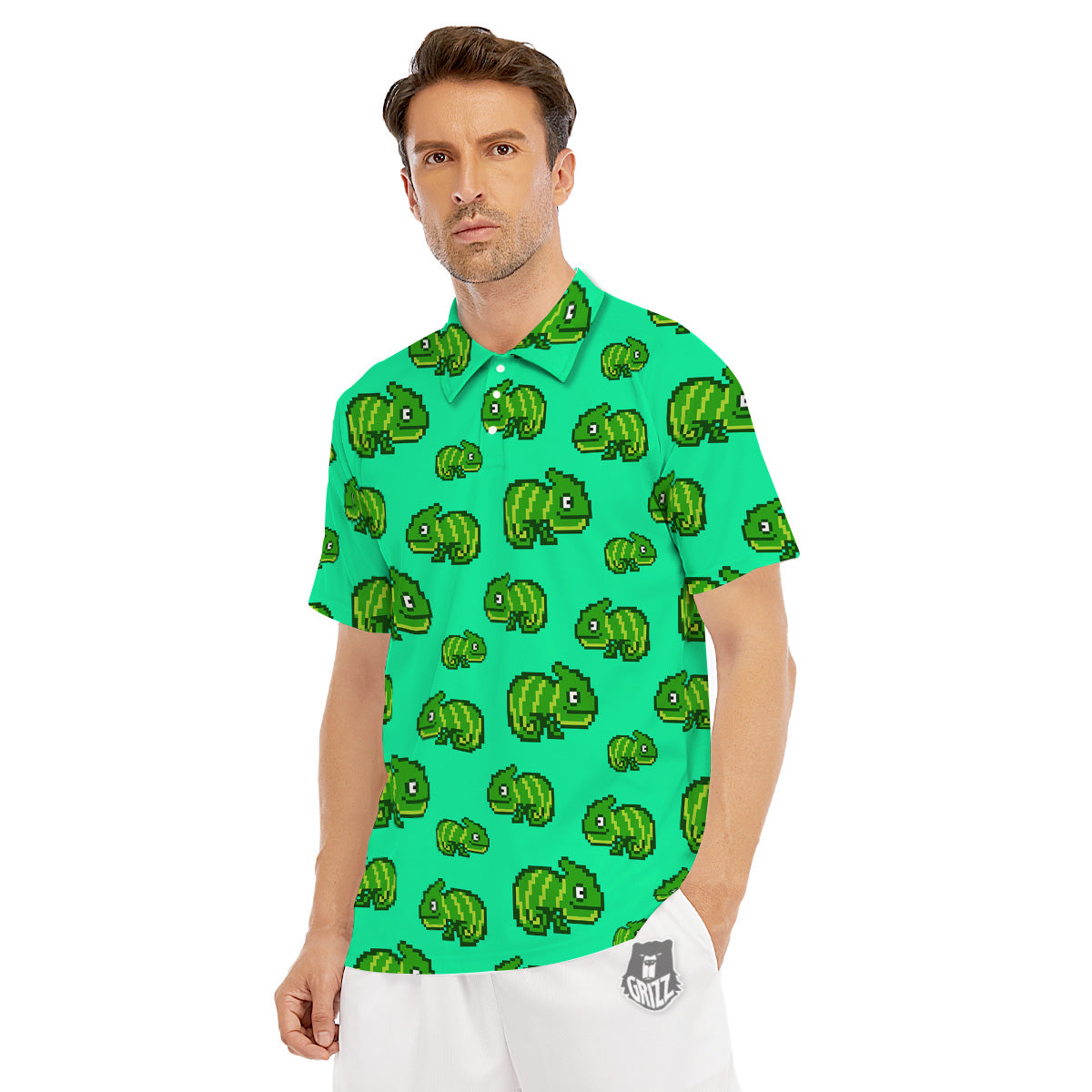 8 Bit Pixel Green Chameleons Print Pattern Men's Golf Shirts-grizzshop