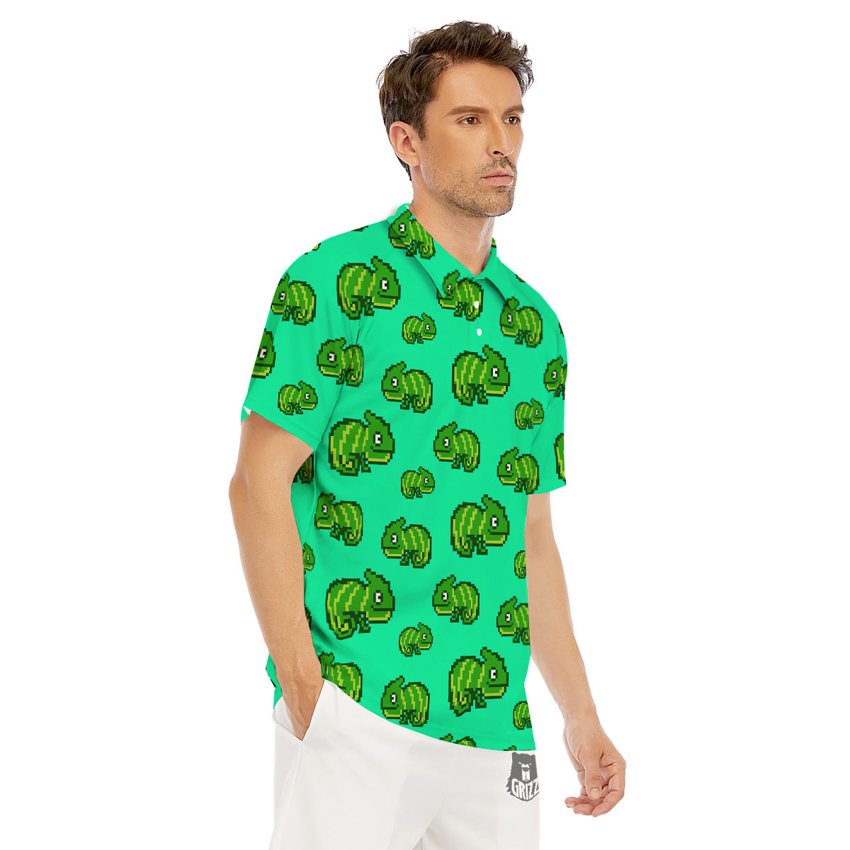 8 Bit Pixel Green Chameleons Print Pattern Men's Golf Shirts-grizzshop