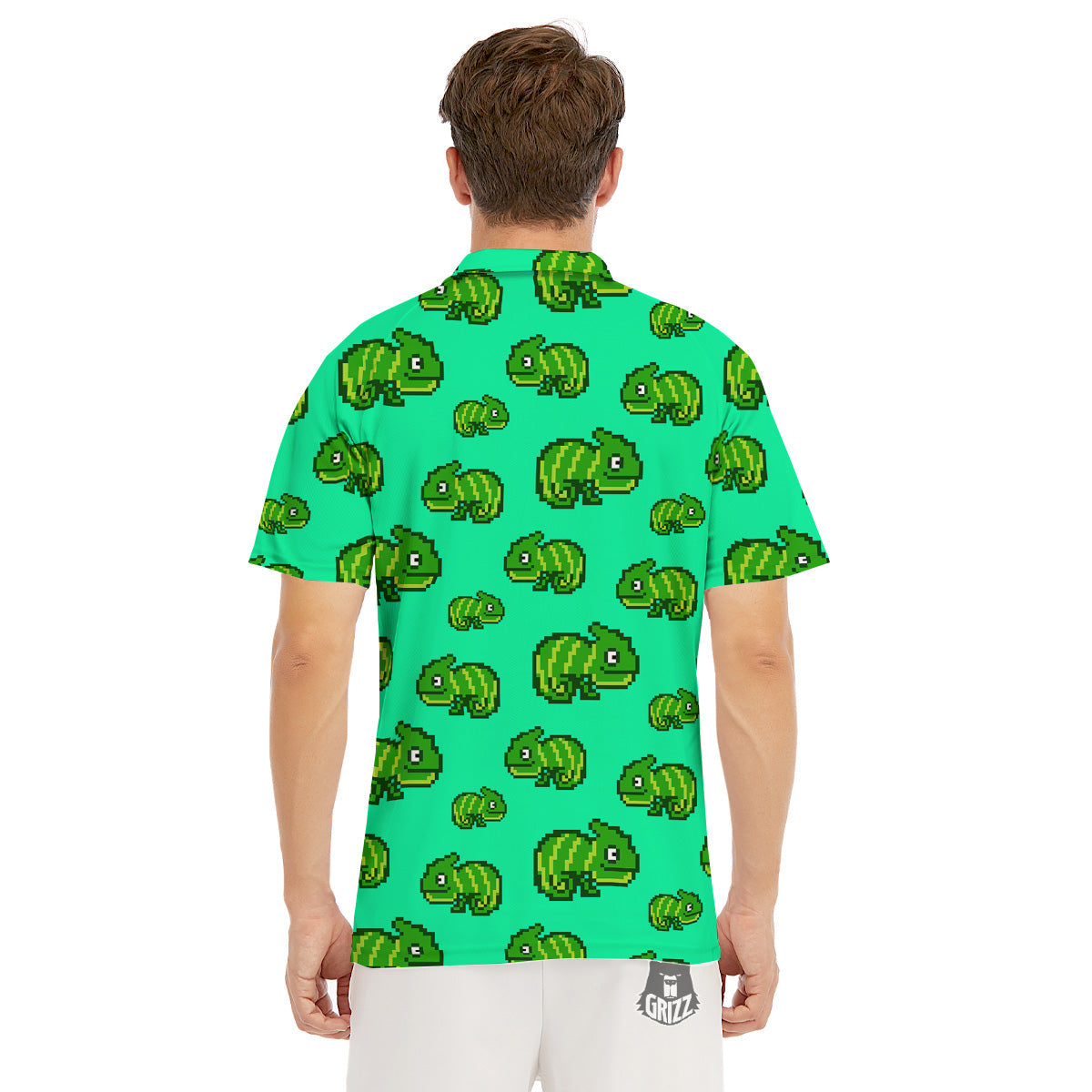 8 Bit Pixel Green Chameleons Print Pattern Men's Golf Shirts-grizzshop