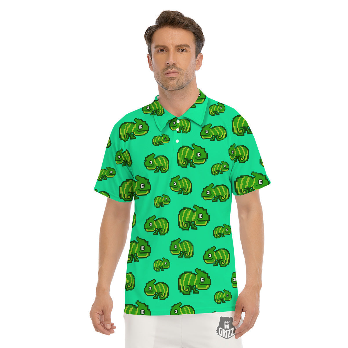 8 Bit Pixel Green Chameleons Print Pattern Men's Golf Shirts-grizzshop