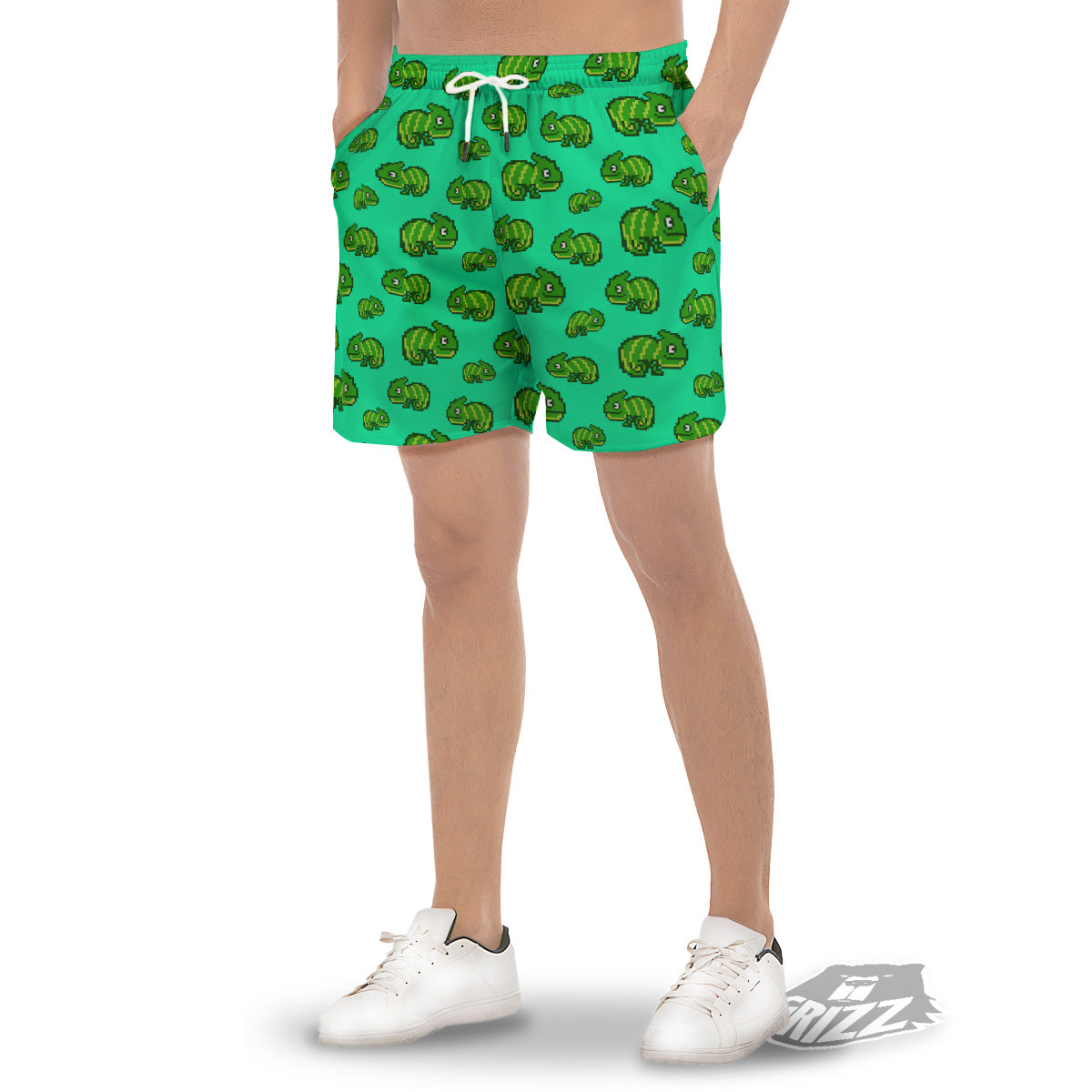 8 Bit Pixel Green Chameleons Print Pattern Men's Gym Shorts-grizzshop