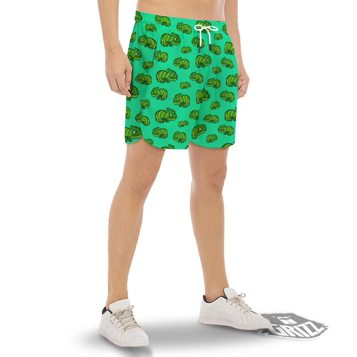 8 Bit Pixel Green Chameleons Print Pattern Men's Gym Shorts-grizzshop