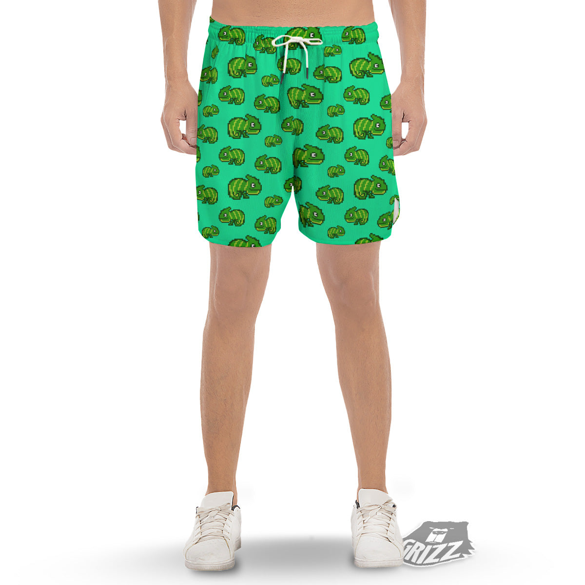 8 Bit Pixel Green Chameleons Print Pattern Men's Gym Shorts-grizzshop