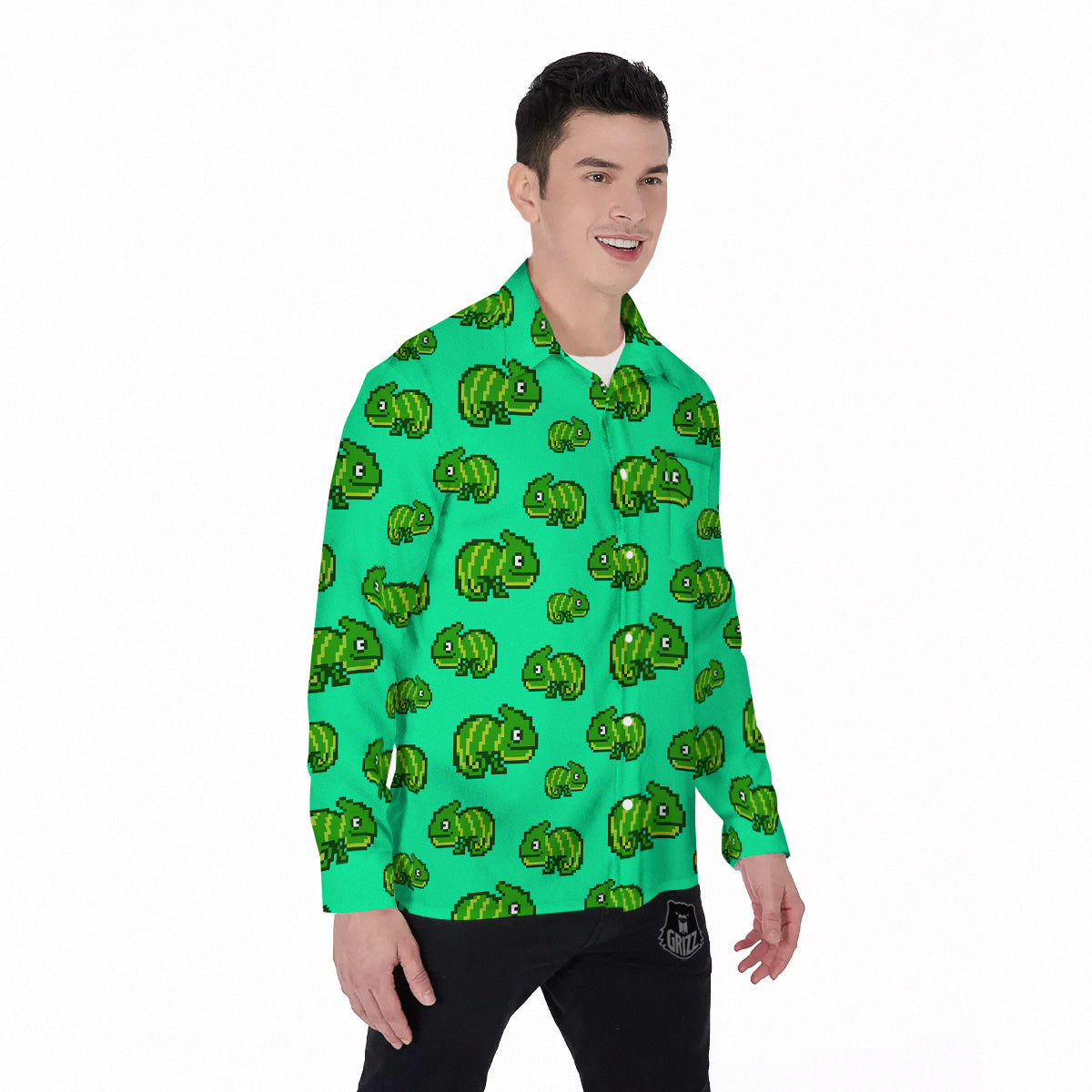 8 Bit Pixel Green Chameleons Print Pattern Men's Long Sleeve Shirts-grizzshop