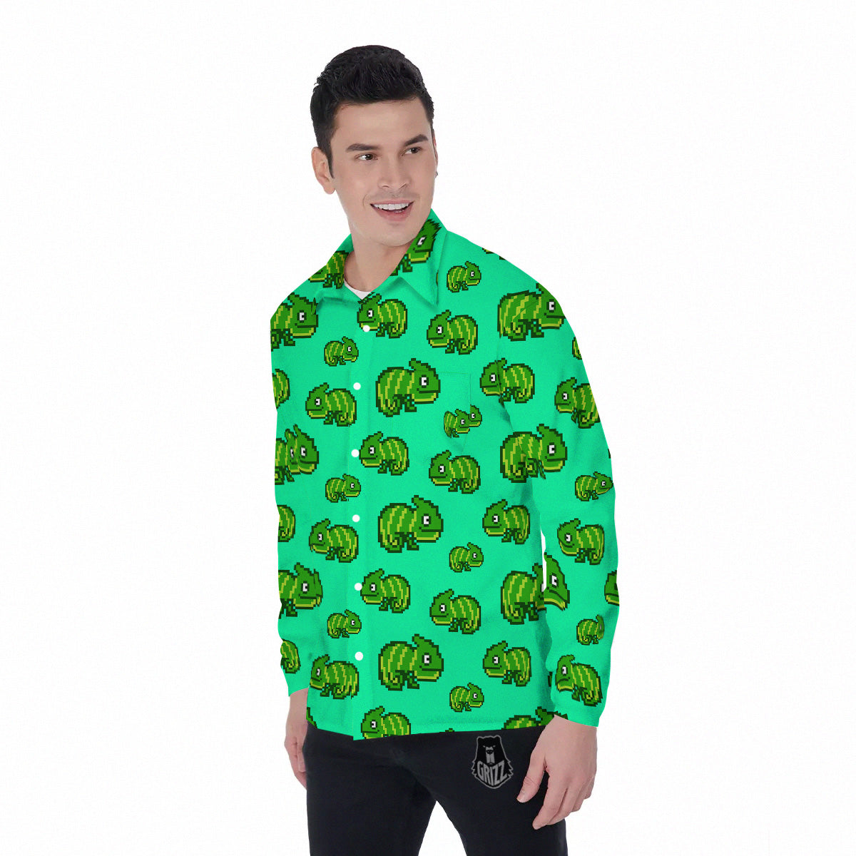 8 Bit Pixel Green Chameleons Print Pattern Men's Long Sleeve Shirts-grizzshop