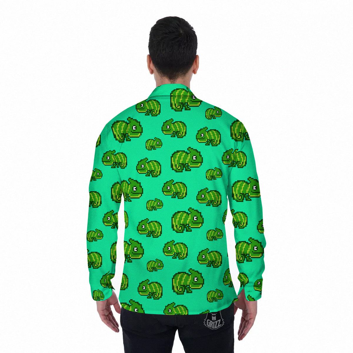 8 Bit Pixel Green Chameleons Print Pattern Men's Long Sleeve Shirts-grizzshop