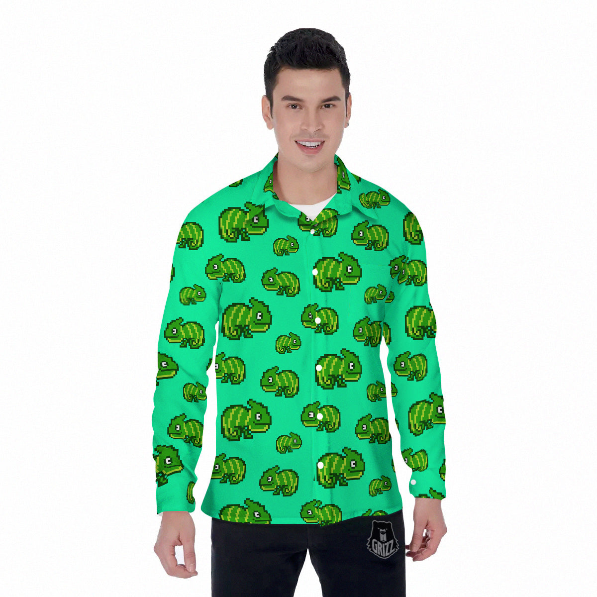 8 Bit Pixel Green Chameleons Print Pattern Men's Long Sleeve Shirts-grizzshop