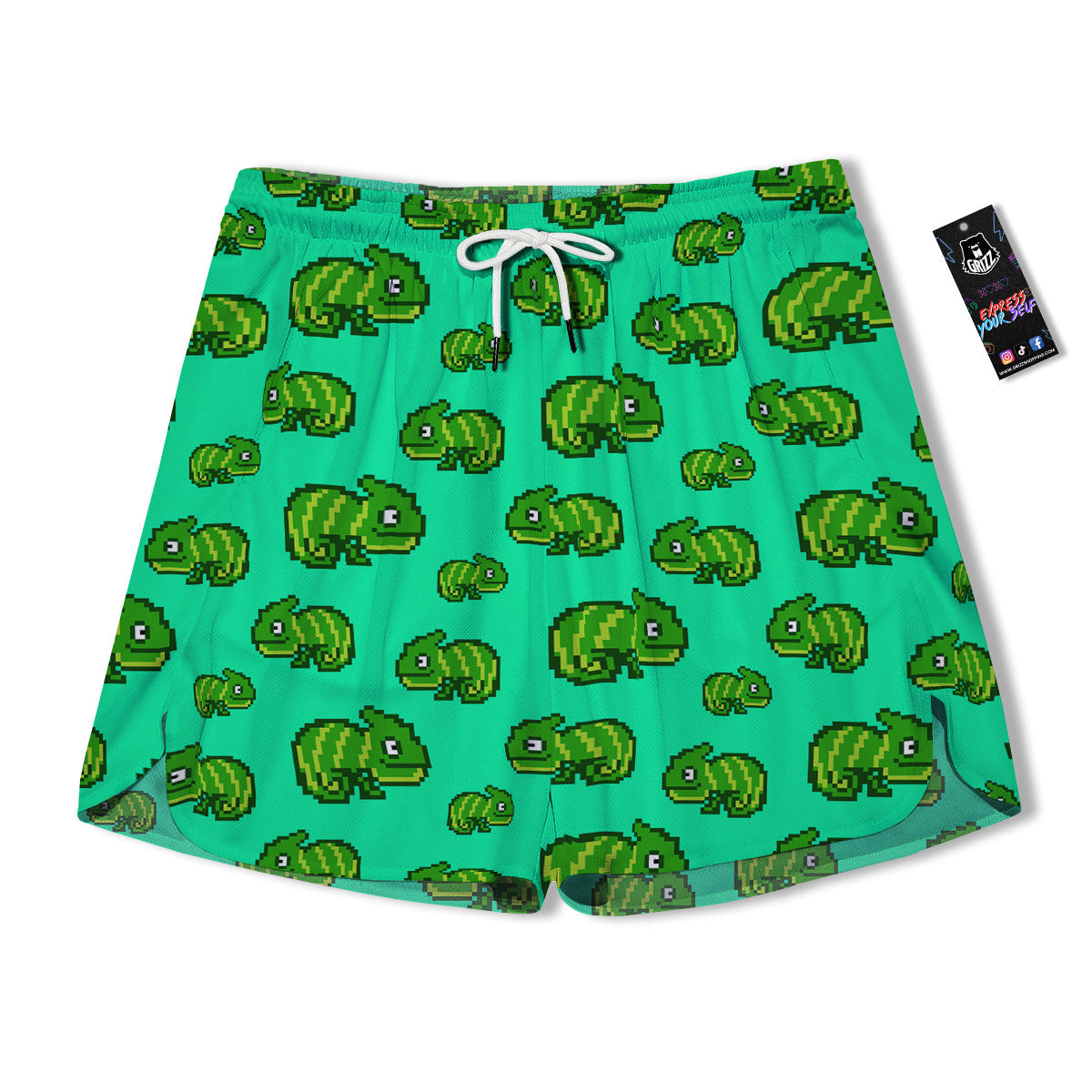 8 Bit Pixel Green Chameleons Print Pattern Men's Running Shorts-grizzshop