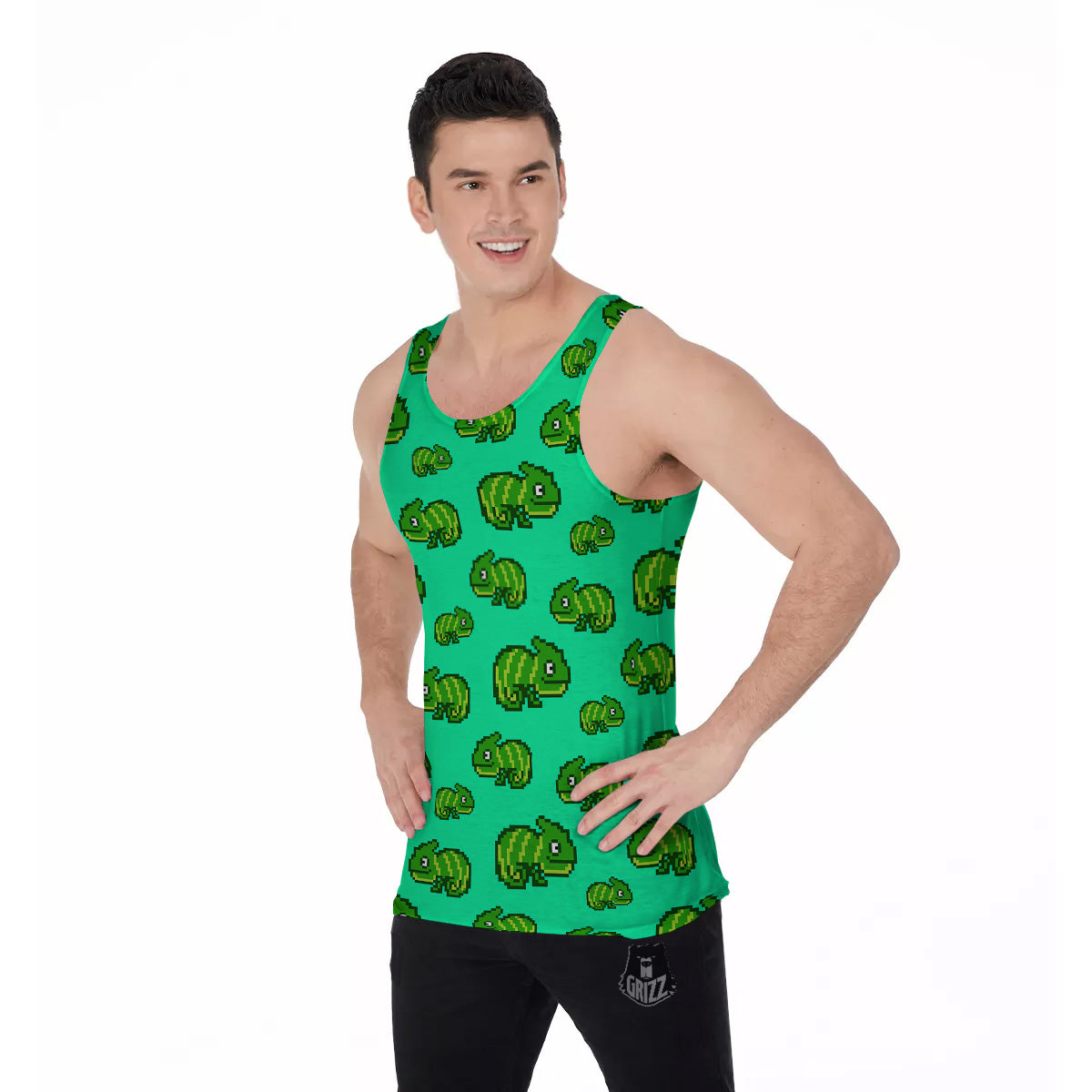 8 Bit Pixel Green Chameleons Print Pattern Men's Tank Top-grizzshop