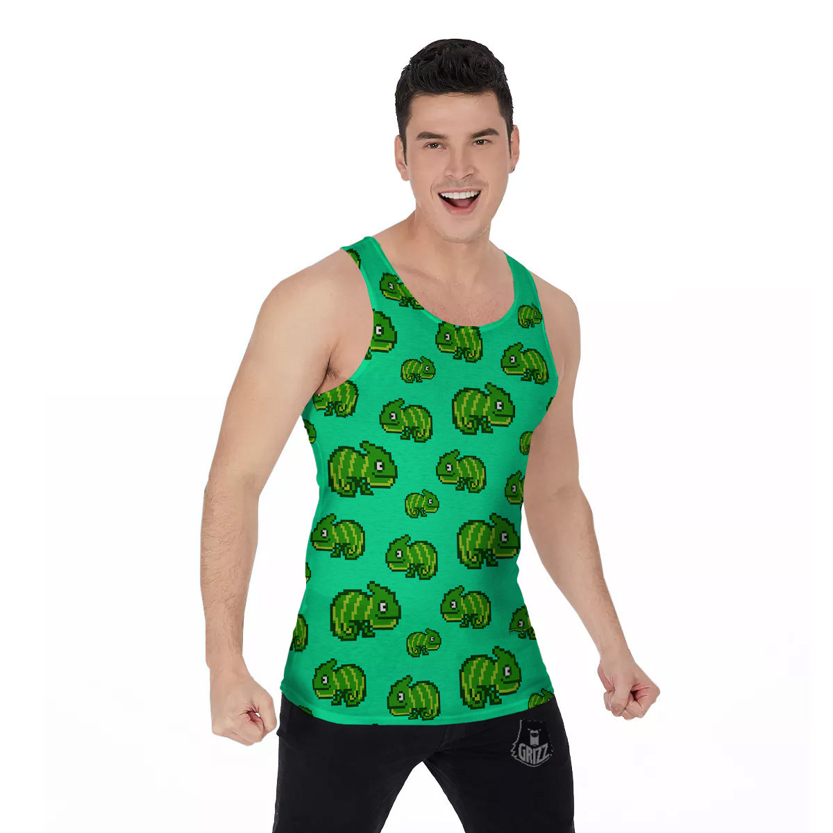 8 Bit Pixel Green Chameleons Print Pattern Men's Tank Top-grizzshop