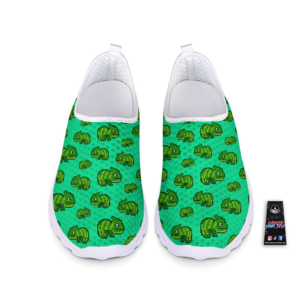 8 Bit Pixel Green Chameleons Print Pattern Nurse Shoes-grizzshop